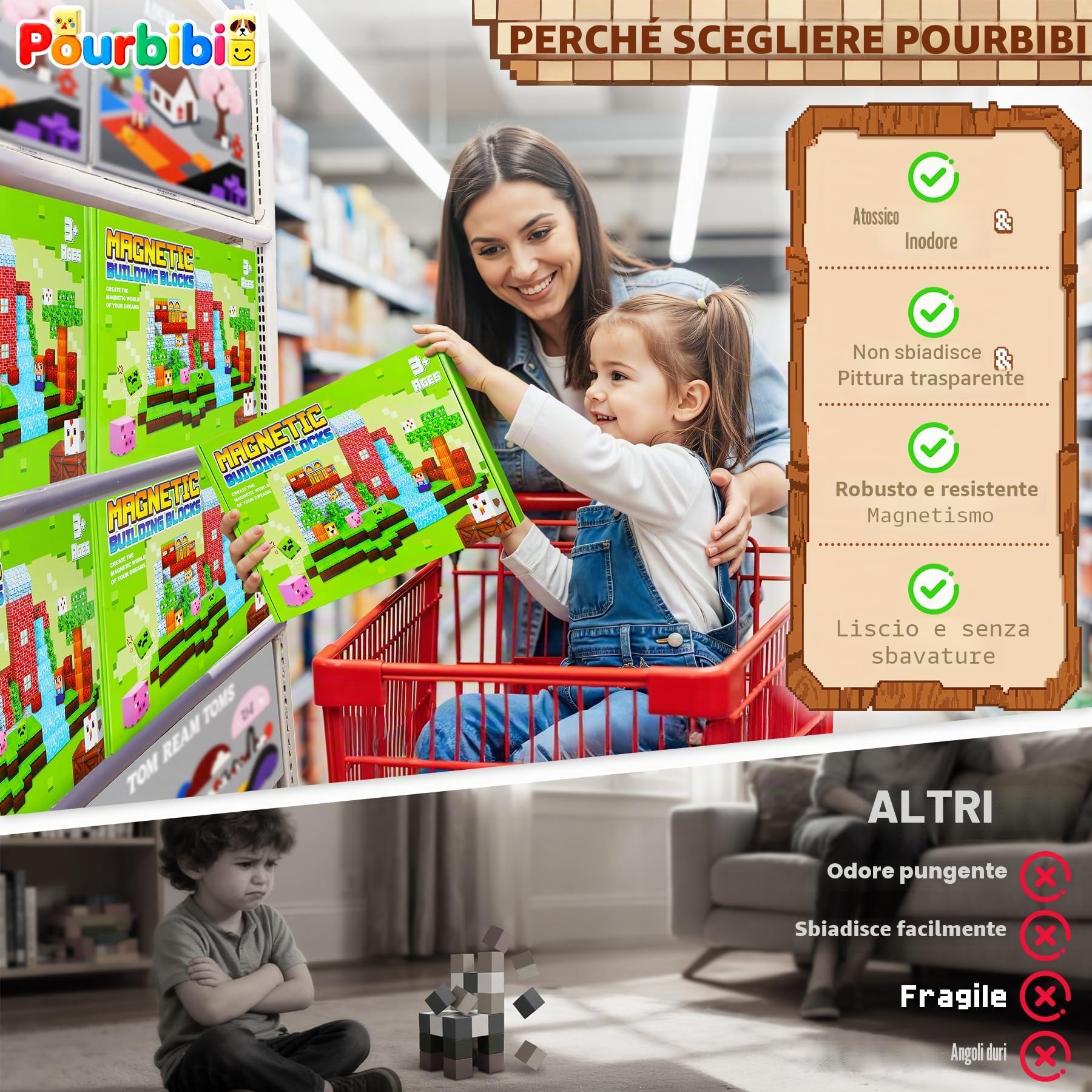 Pourbibi Costruzioni Magnetiche per Bambini, Giocattolo Educativo Montessori,108 Pezzi Giochi Magnetici per Bambini 3 4 5 6 7 8 9 10 Anni,Regali di Compleanno 3-10 Anni