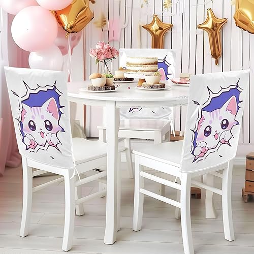 Miniatura 5 de Juego de 6 fundas decorativas para silla de oficina y dormitorio, diseño de gato divertido blanco, diseño de dibujos animados, protectores de sillas