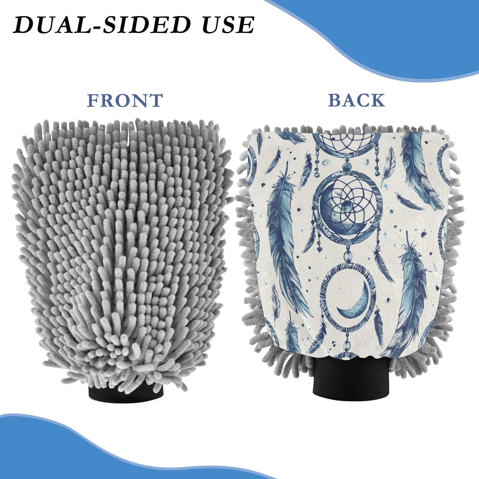 ALAZA Dreamcatcher Moon Boho Car Wash Mitt Scratch Free, 2 Pack Absorbent Microfiber/Chenille Washing & Drying Mitts, L