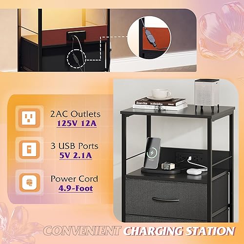 Miniatura 5 de WLIVE Mesita de noche LED con estación de carga, mesita de noche negra con 2 cajones de tela y estante de almacenamiento, mesa auxiliar con 2