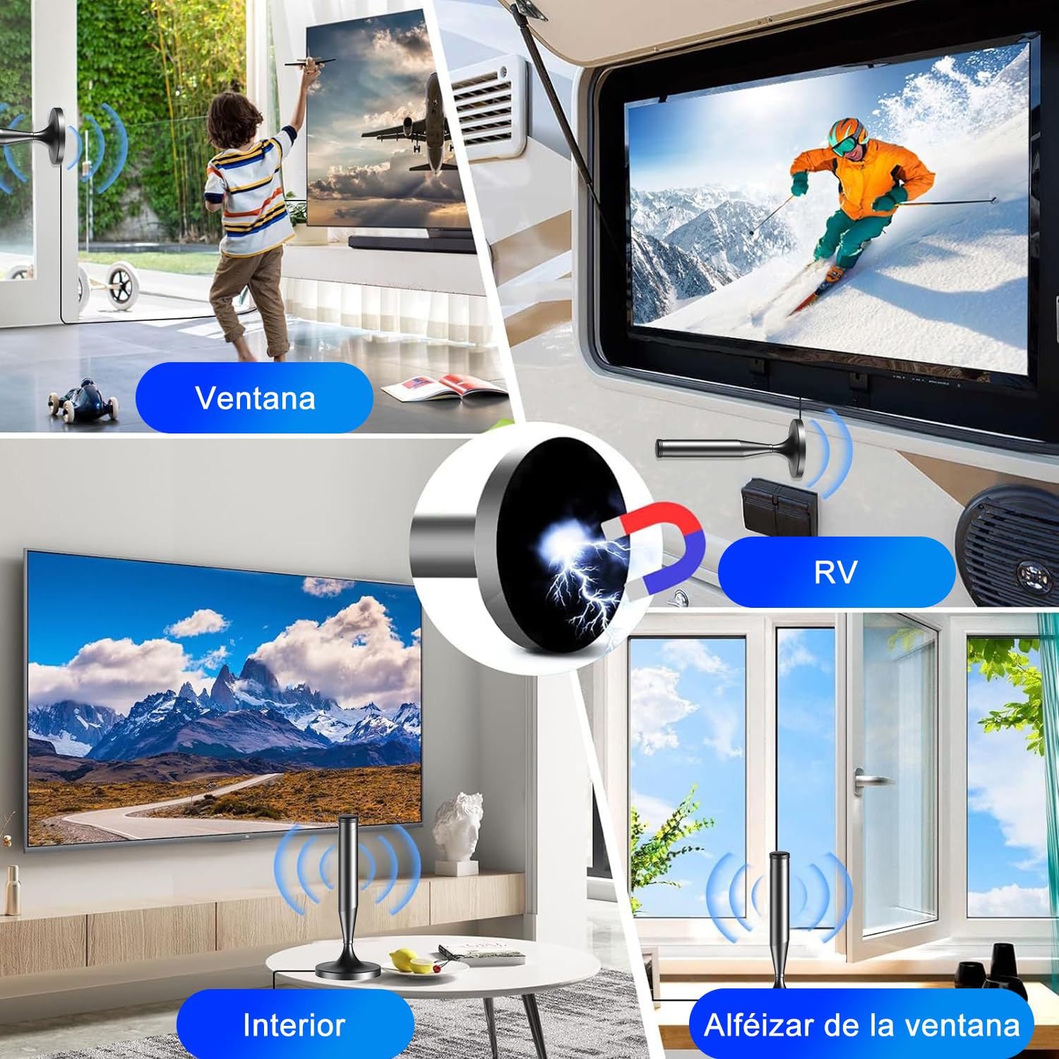 Antena TV Interior 2026 Mejorada para Smart TV – Recepción 360° con Señal Estable de Largo Alcance, Base Magnética Potente, Cable Coaxial de 5 m, Compatible 4K y 1080P, Canales TDT Locales Gratis