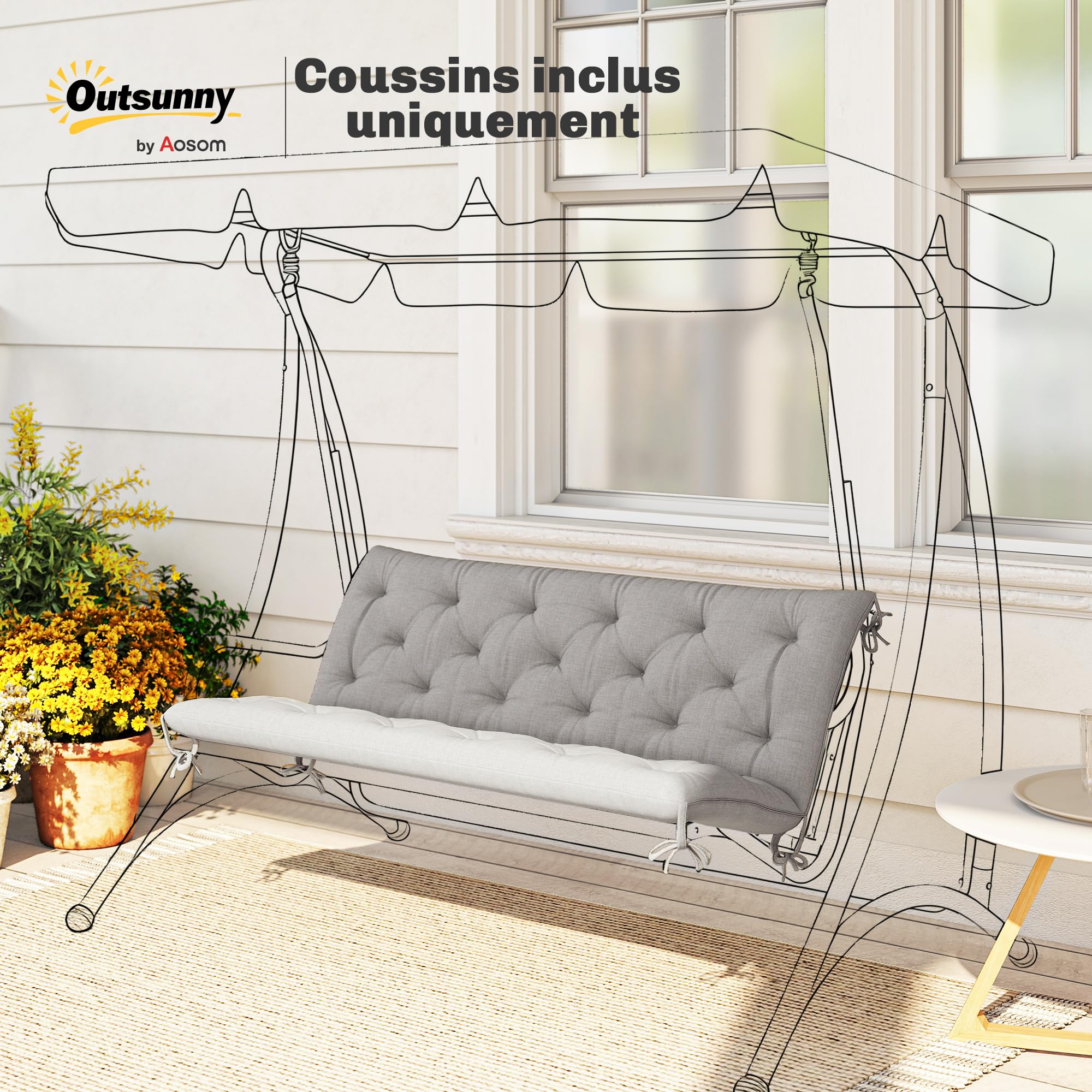 Outsunny Cuscino per panca, materasso seduta, schienale per panca da giardino, cuscino dondolo, divano a 3 posti, grande comfort, 150 x 98 x 8 cm, grigio chiaro