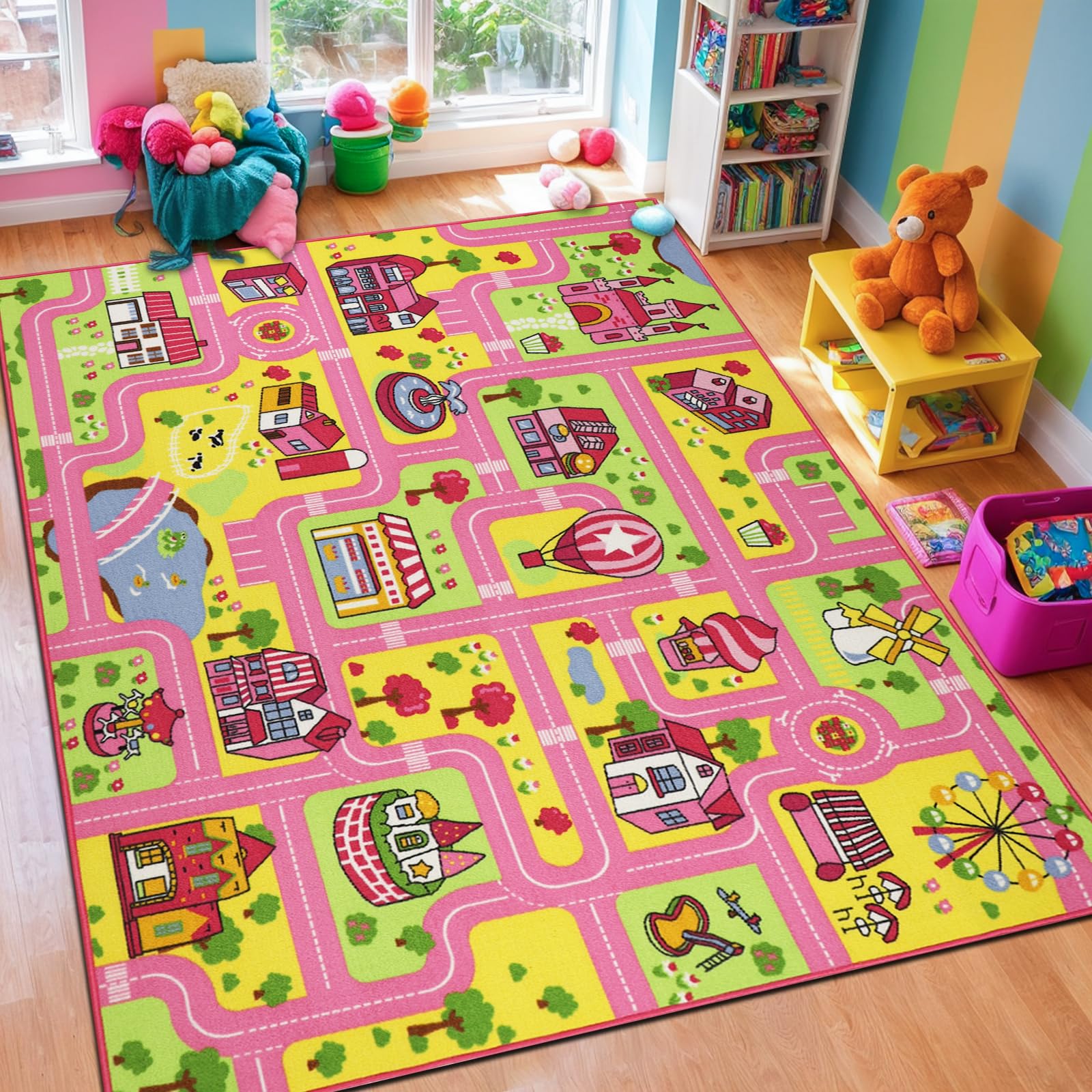 Capslpad Kids Play Rug 6.6x5.0 ft Large Size Kids Rug for Playroom Non Slip Washable Kid Car Road Carpet Educational Learning Area Rug Children Play Carpet for Bedroom,Classroom,Nursery Room Decor