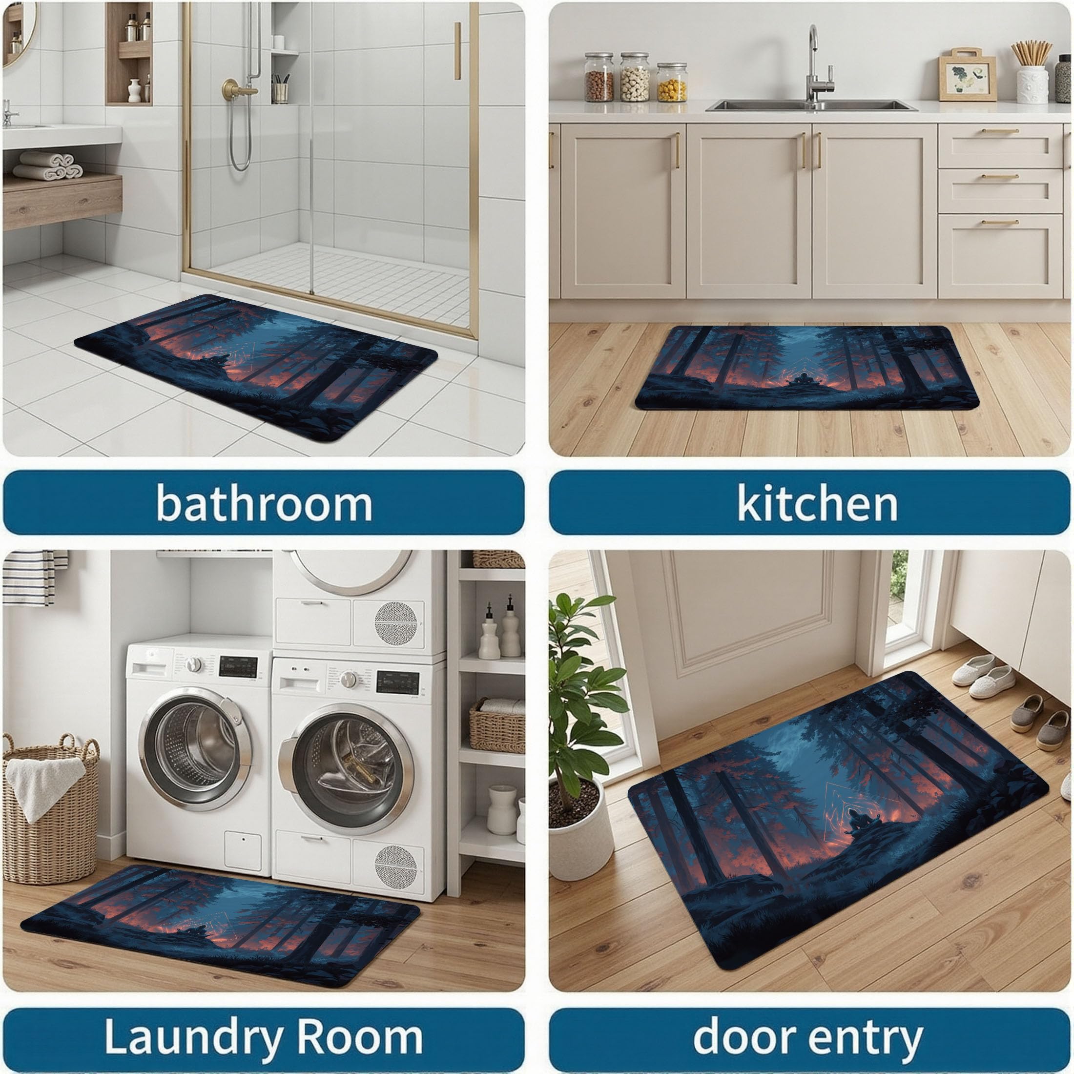 Zerbino per Ingresso, I Praticanti Meditano Tappetino Antiscivolo, Foresta Magica Zerbini di Benvenuto, Zerbino per Porta e Corridoio, Lavabile in Lavatrice - 80x120 cm, Blu Navy