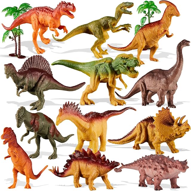 TOEY PLAY 12 Pack Dinosaurs, Dinosaur Toys for Boys Girls 3-7 Years Old, Large Animal Figures with Realistic T-Rex Triceratops and Trees, 7" Long, Dinosaurs Gifts for Kids