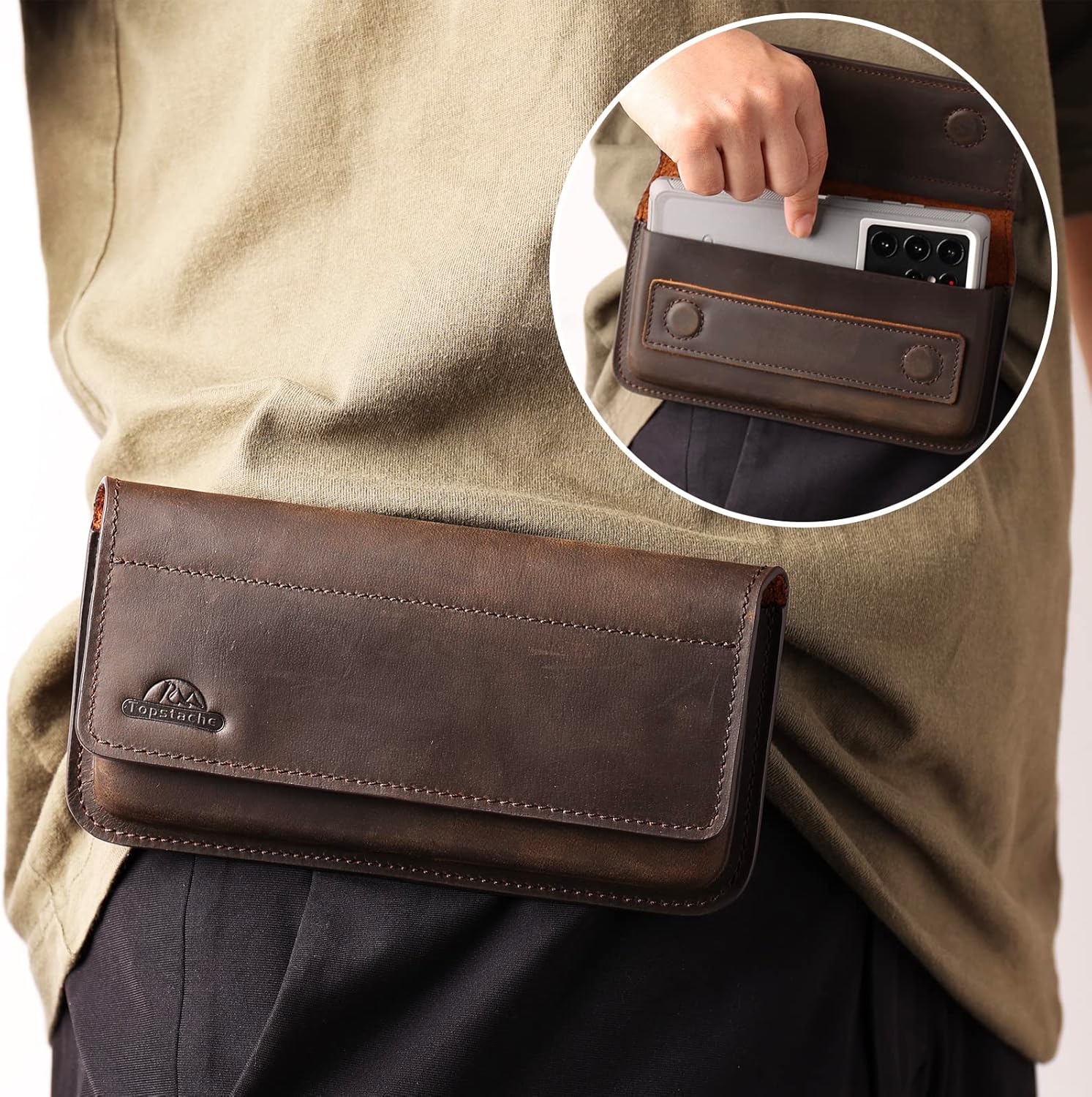 Topstache Leather Phone Holster for iPhone 17/16/15 Pro Max & Plus - Belt Clip Cell Phone Case for Galaxy S25/S24/S23 Ultra & Plus - Leather Belt Case - Fit Protective Case on, XL,Darkbrown