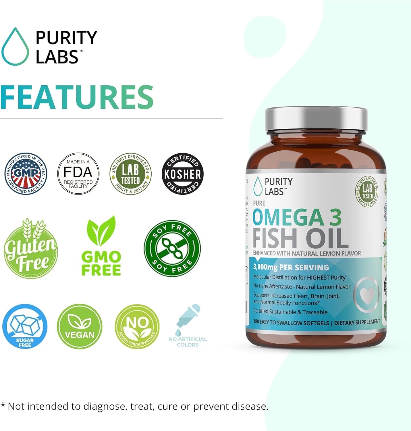 Purity Labs Omega 3 Fish Oil 3000mg - Vegan Supplements for Heart and Brain Health - Immune Support Supplement  - 180 Softgels : Health & Household