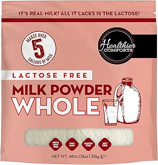 Healthier Comforts Lactose Free Whole Milk Powder | Non-GMO, rBST Hormone Free, Kosher, Gluten Free, No Fillers | Baking, Coffee Creamer, Shakes, Pantry Staple, Camping | Makes Over 5 Gallons (3 lb)