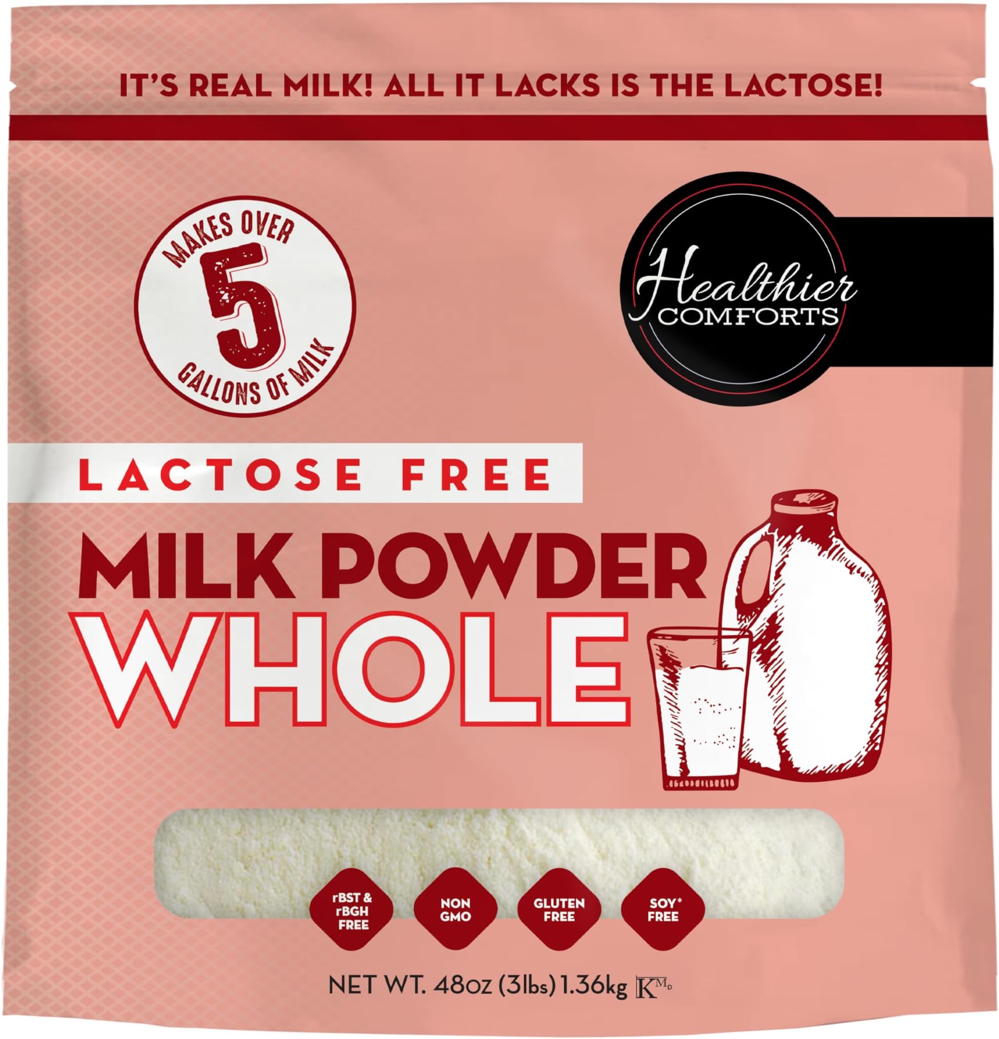 Healthier Comforts Lactose Free Whole Milk Powder | Non-GMO, rBST Hormone Free, Kosher, Gluten Free, No Fillers | Baking, Coffee Creamer, Shakes, Pantry Staple, Camping | Makes Over 5 Gallons (3 lb)