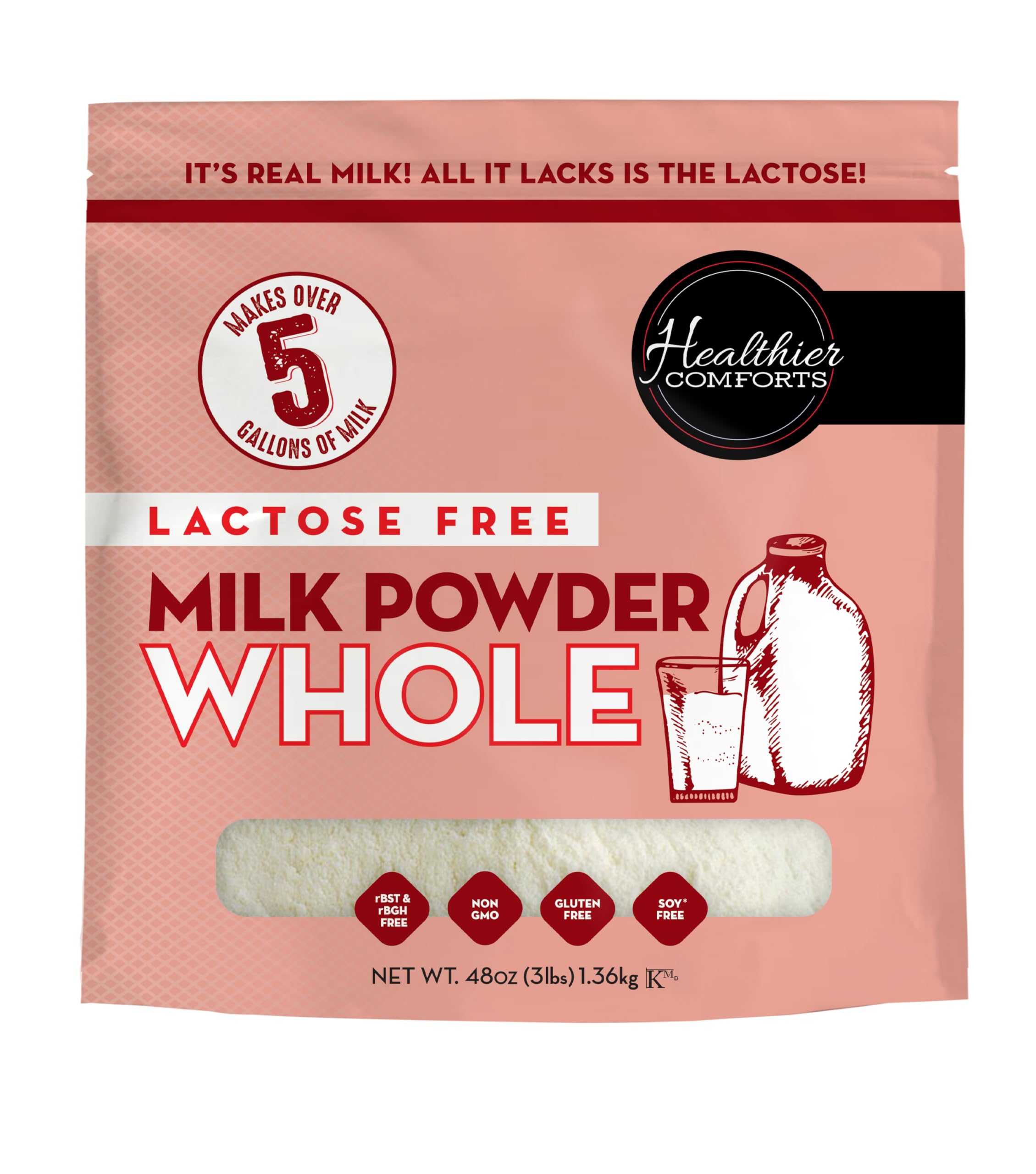 Healthier Comforts Lactose Free Whole Milk Powder | Non-GMO, rBST Hormone Free, Kosher, Gluten Free, No Fillers | Baking, Coffee Creamer, Shakes, Pantry Staple, Camping | Makes Over 5 Gallons (3 lb)