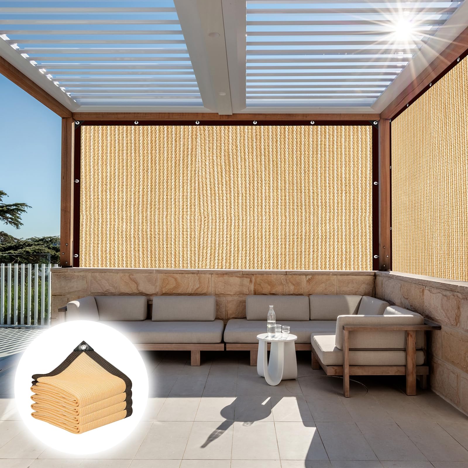 Tenda da sole con occhielli, 85%, rete ombreggiante da giardino, rete rettangolare, protezione solare per esterni, in HDPE resistente agli strappi, permeabile all'acqua (beige, 2 x 3 m)