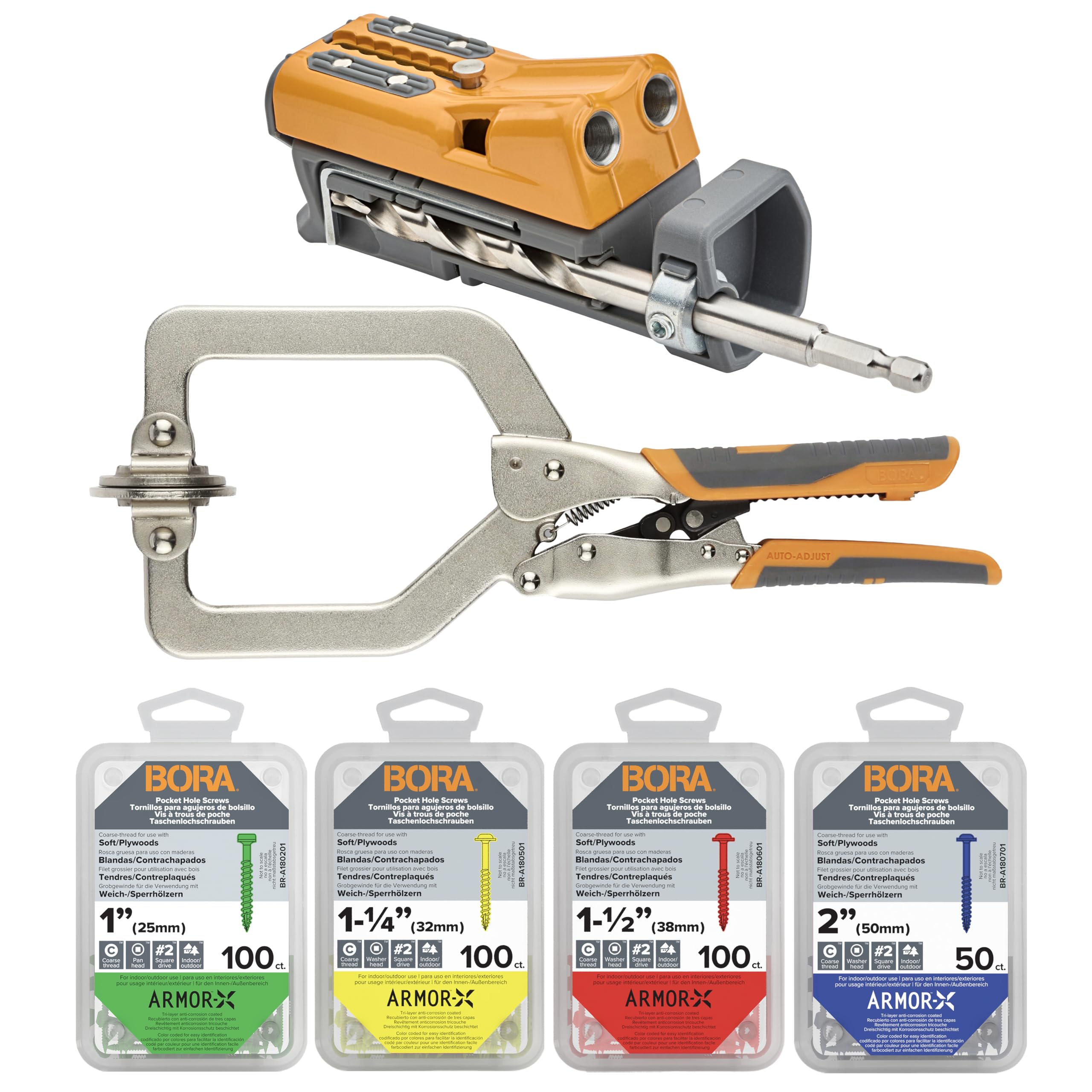 BORA Metal Pro Compact Pocket Hole Jig Kit, 3 Inch Face Clamp &amp; 350 Screws