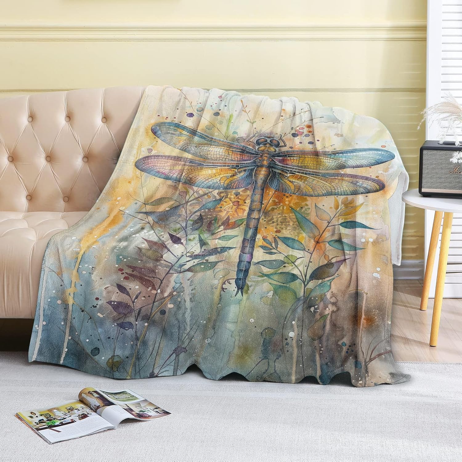 Watercolor Dragonfly Fleece Blanket,50x60in,Artistic Insect Intricate Wing Earthy Tones Throw Blankets,Soft Cozy Lightweight, Ideal for Bed Living Room Home Boho Decor,Women Gifts - Image 2
