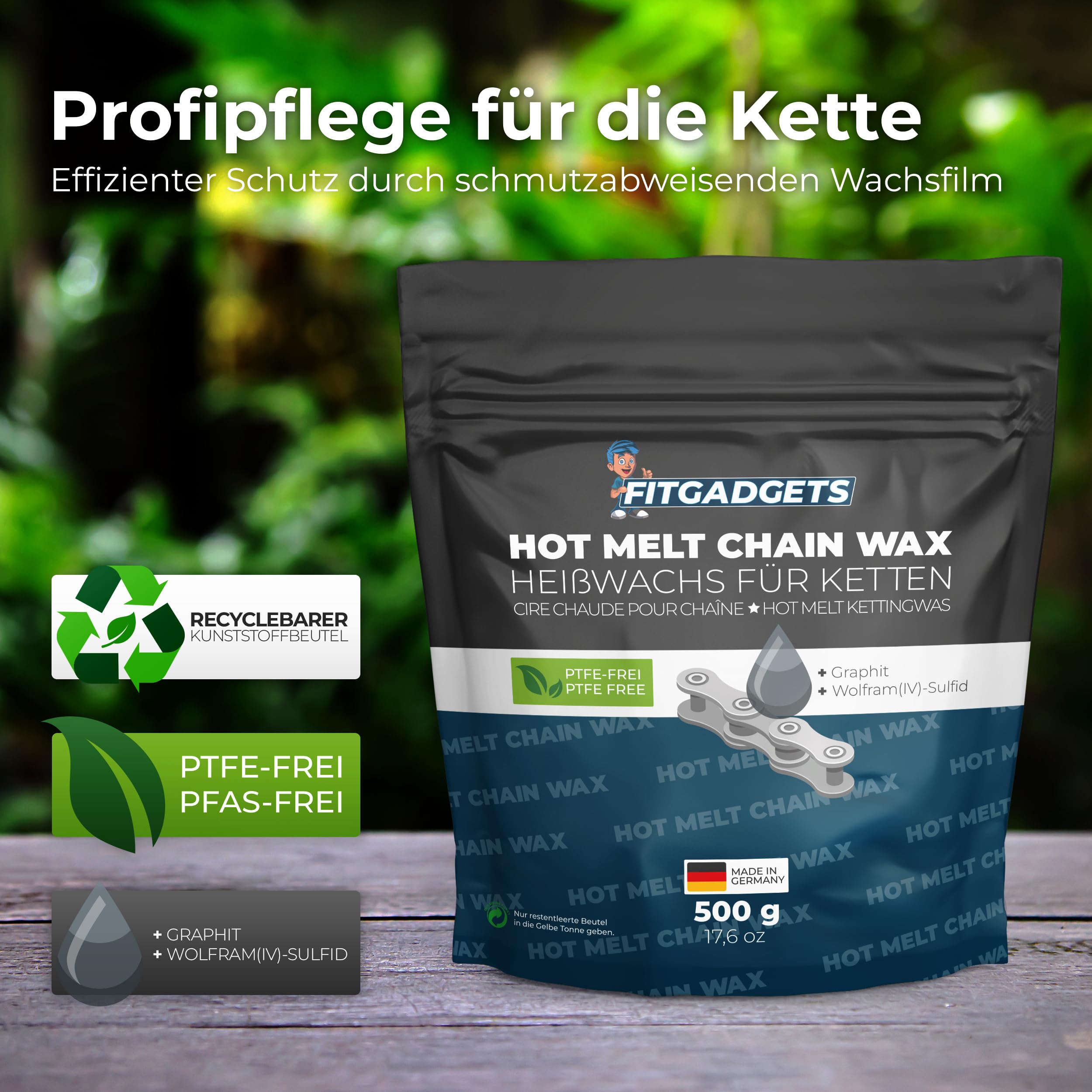 OH3 Fitgadgets Cera Calda per Catene di Bici 500g Pellet - Cera a Caldo per Catena con Grafite & Solfuro di Wolfram - Lubrificante a Cera per Bici Race, MTB & Gravel