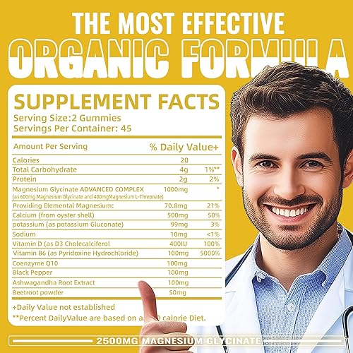 Miniatura 35 de Gomitas de glicinato de magnesio de 2500 mg – Suplemento de magnesio y potasio sin azúcar con vitamina D, B6, CoQ10 para un estado de ánimo
