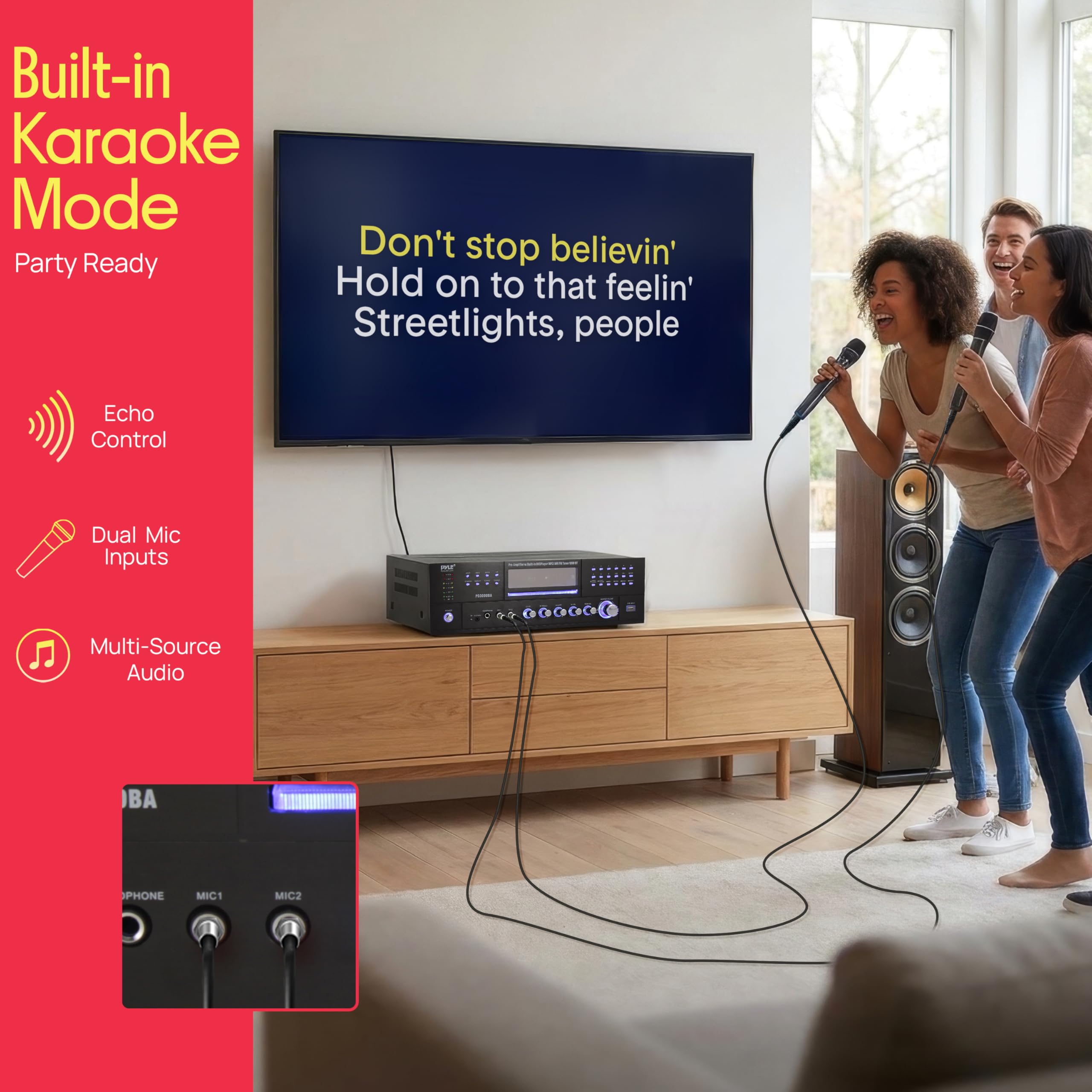 Pyle 4 Channel Bluetooth Home Amplifier - Front Loading DVD/CD Player - 3000W Peak Stereo Receiver - 2 Mic Inputs w/ Echo, FM Radio,Optical In,USB,RCA,Composite, LED Level Meter, Rack Mount - PD3000BA — Amazon image 5