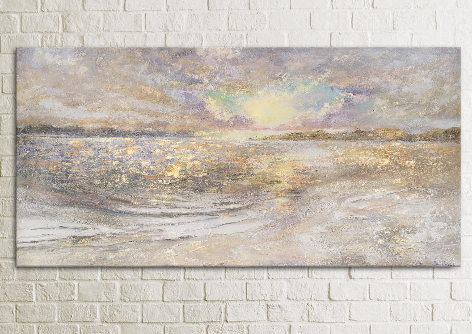 YS Tableau peinte à la main Crépuscule de la mer Art abstrait modern Surface texturée Motif de la mer en été dans des couleurs claires Déco murale salon 140x70 cm