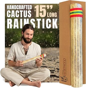 Africa Heartwood Project 15" Cactus Rainstick from Chile - Authentic Handcrafted Rain Stick Musical Instrument with Rasta Yarn Wrap and Durable Sealant