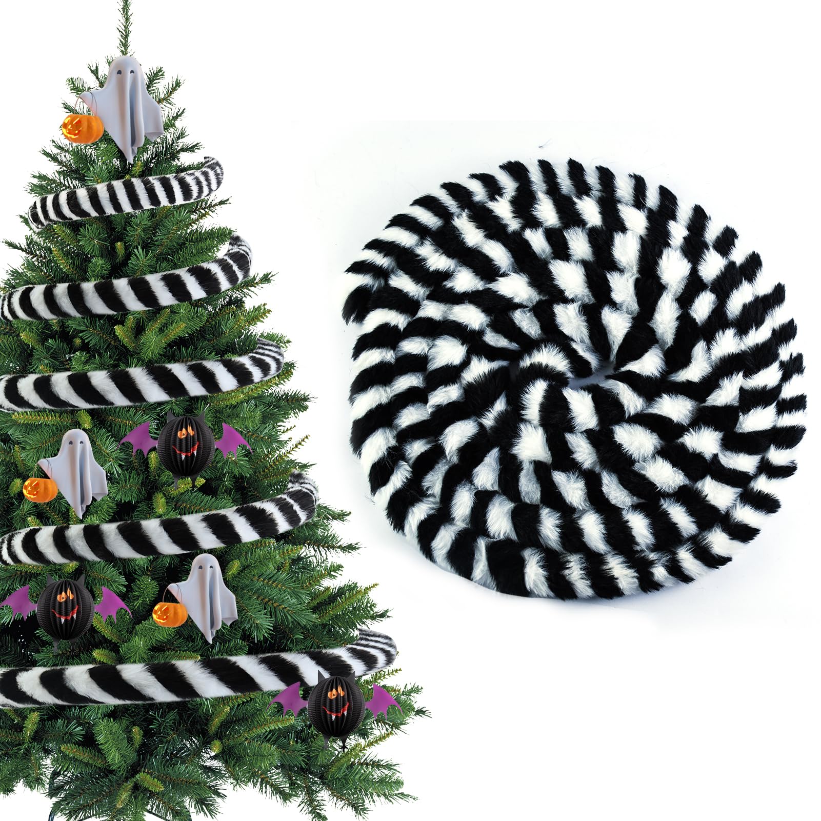 26FT Sandworm Tree Ornament Garland Halloween Nightmare Spooky Black White Striped Roll Faux Fur Hanging Worms Decoration Soft Artificial Fur Strip for Winding Christmas Holiday Festive Xmas Party