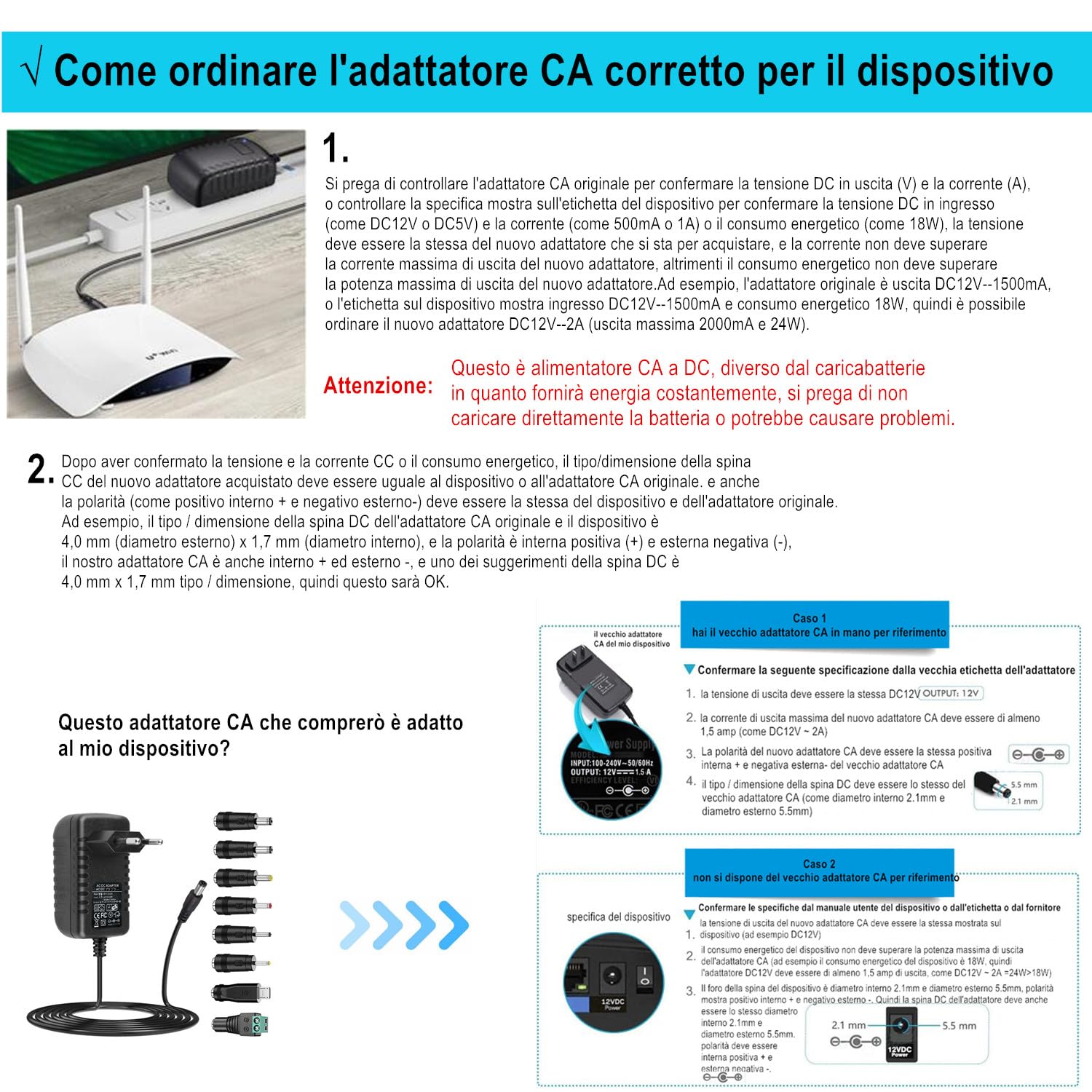 Alimentatore AC 12V 2A AC220V 230V DC12V con 8 adattatori spina Caricabatteria 500mA 1000mA 1500mA 2000mA AC-DC