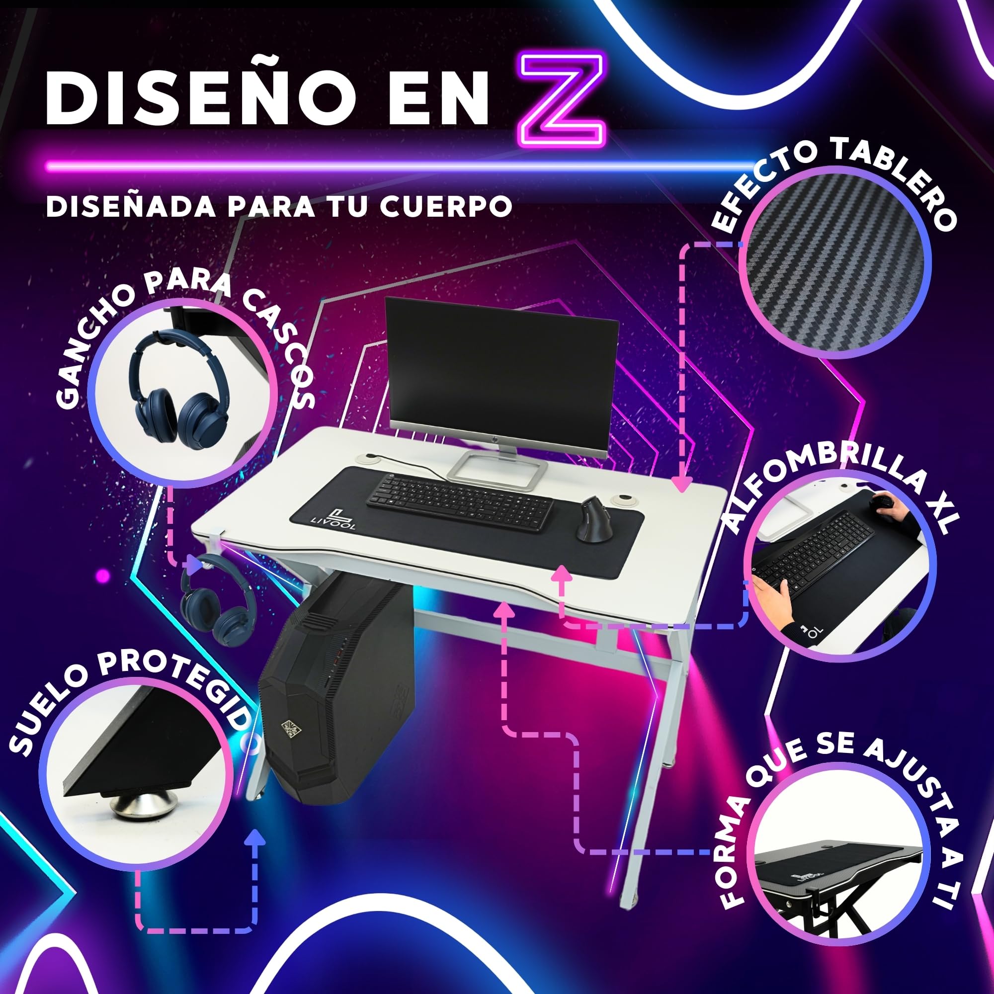 ️ Escritorio Gaming + Alfombrilla XL | Mesa Gaming Acabado en Fibra de Carbono - Escritorio de Oficina