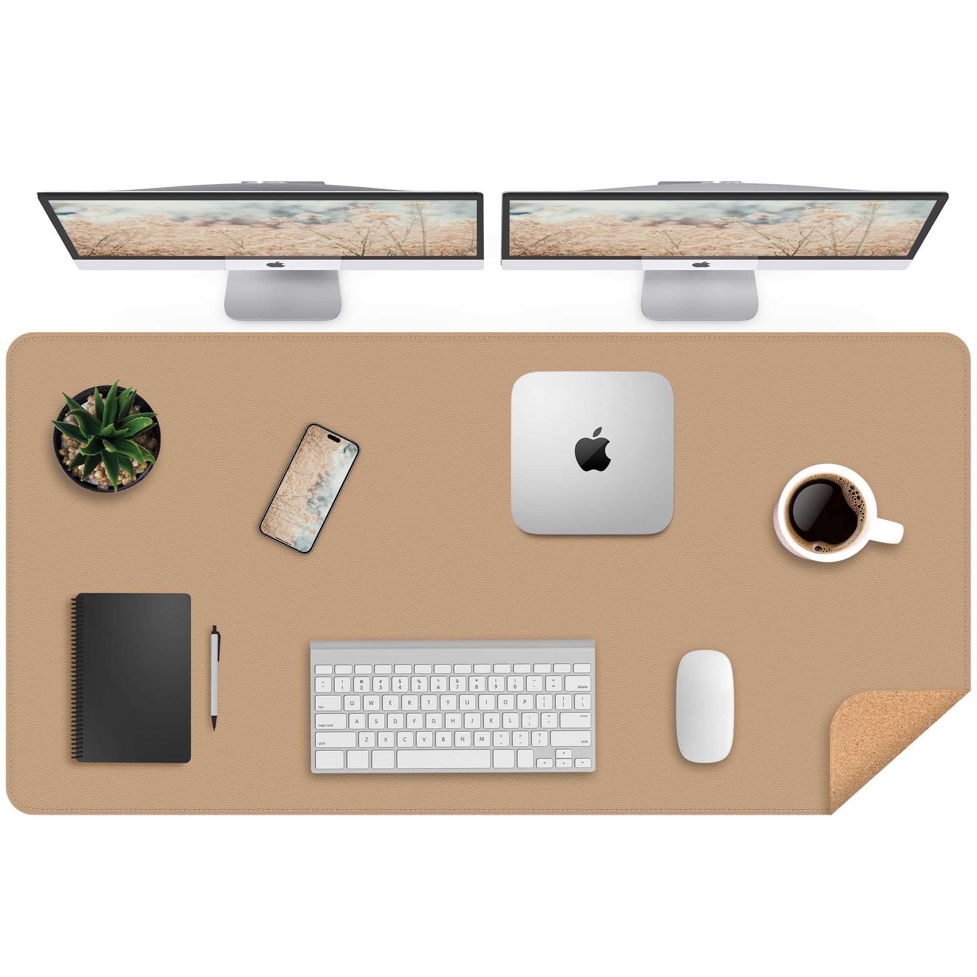 Leather Desk Mat, Large Mouse Mat,PU Leather & Cork Desk Pad, Waterproof Leather Table Protector Writing Pad for Office and Home(120 x 60 cm,Dark Apricot)