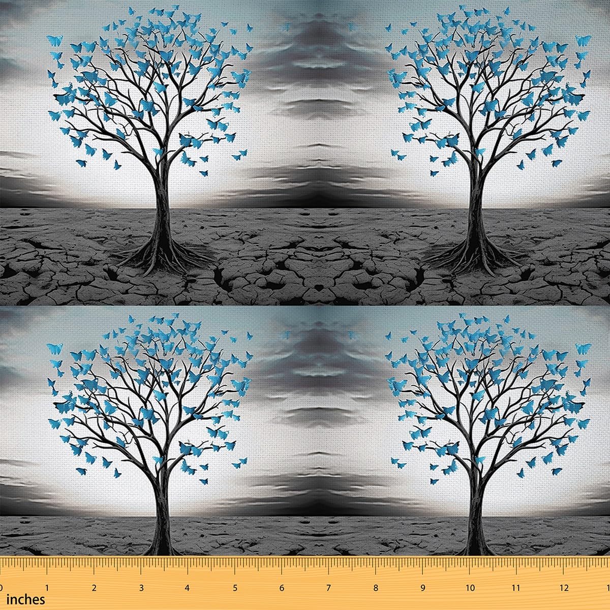 Homemissing Tree Fabric by The Yard Butterfly Decorative Waterproof Outdoor Fabric Blue Butterflies Print Upholstery Fabric for Chairs Bedroom Decor Botanical Blue and Grey Outdoor Fabric 3 Yards