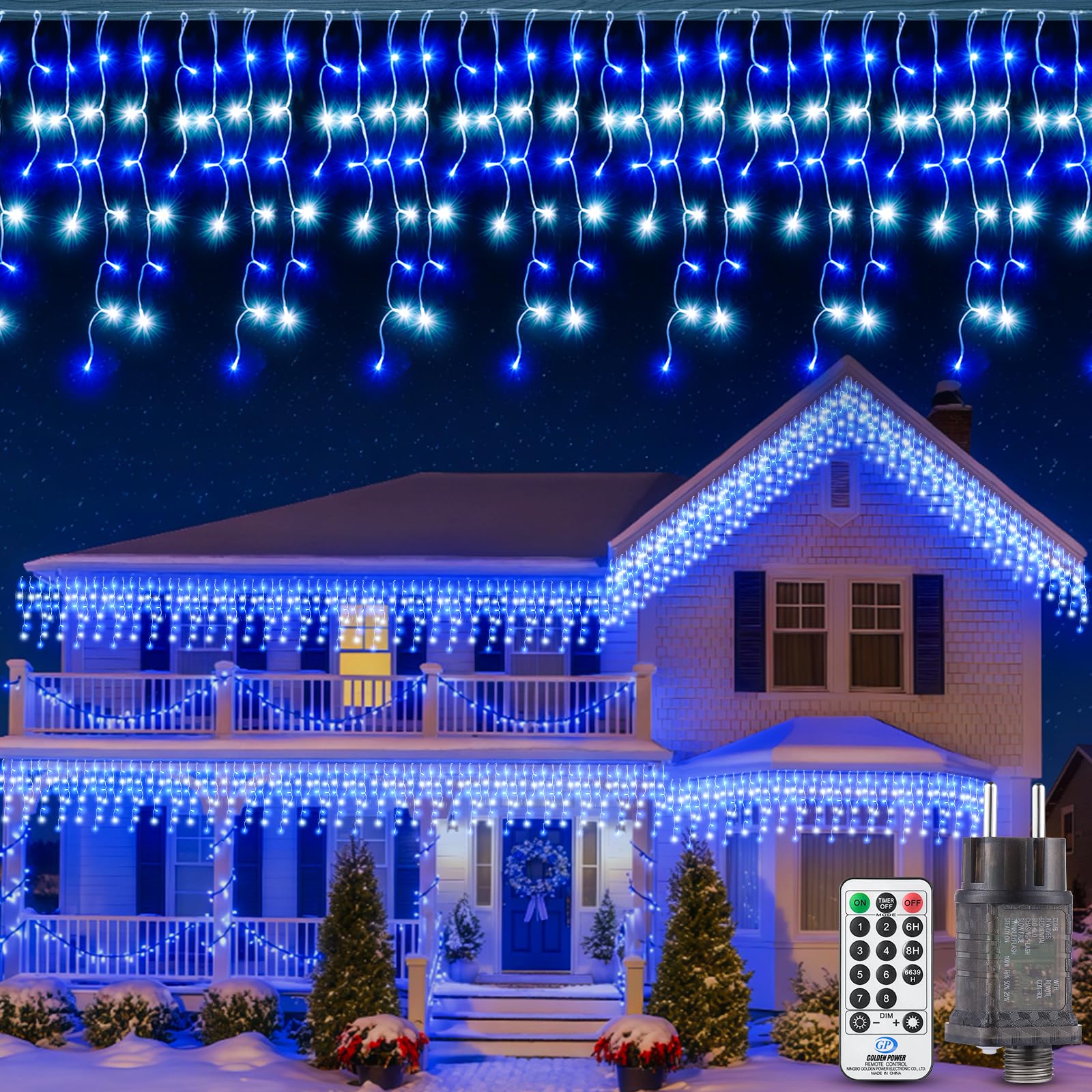 Tenda Luci Natale Esterno Cascata - 10M Catena Luminosa Esterno Blu e Bianco fredda con Telecomando Timer IP44 Impermeabili 8 Modalità Decorazioni Natalizie Luci Natale Esterno Cascata Balcone Casa