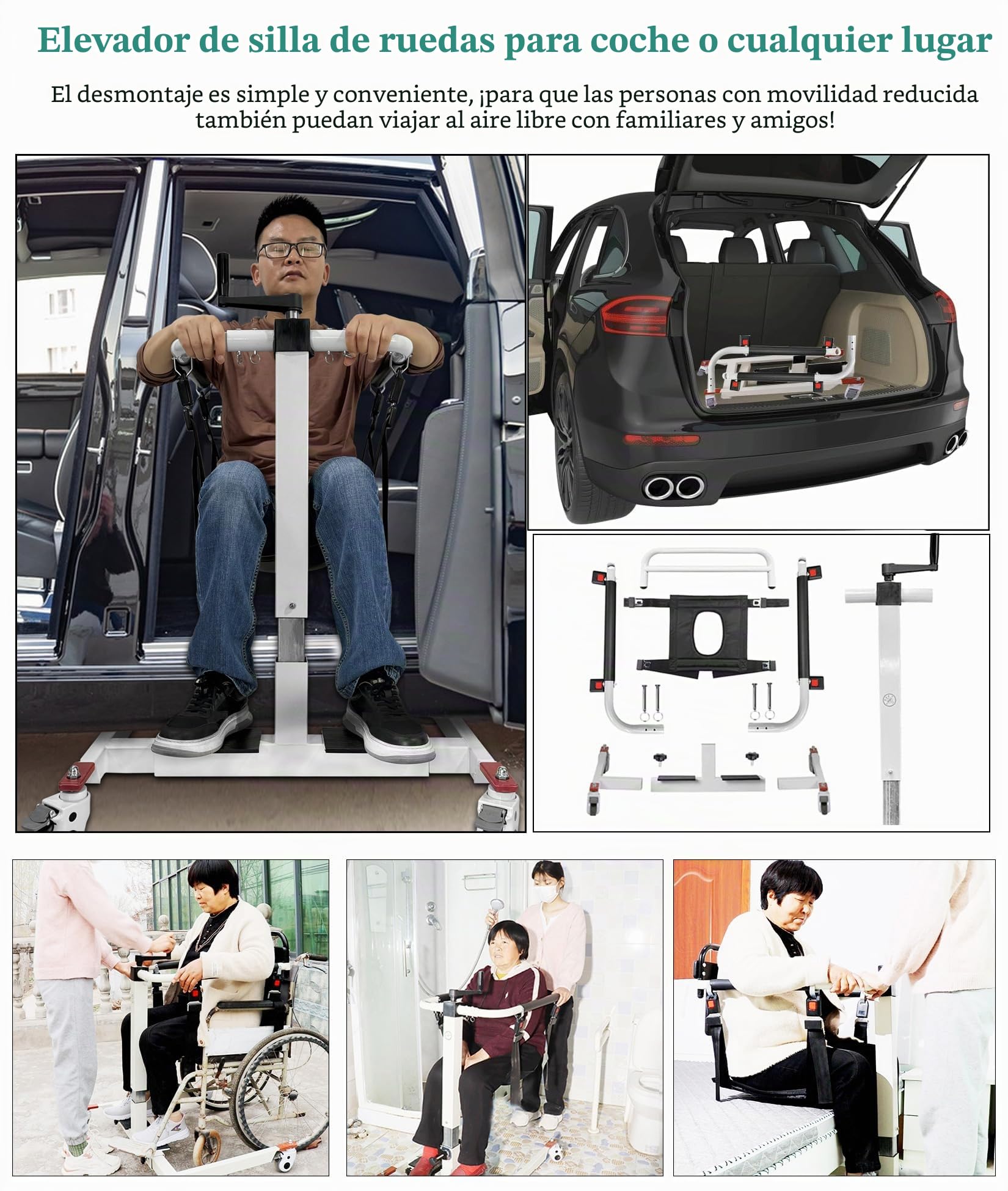 Elevador de Pacientes, Ajustable en Altura/Anchura, Elevador de Silla de Camilla, Elevador de Silla para Personas Mayores, Dispositivo de Transferencia de Silla de Ruedas a Coche
