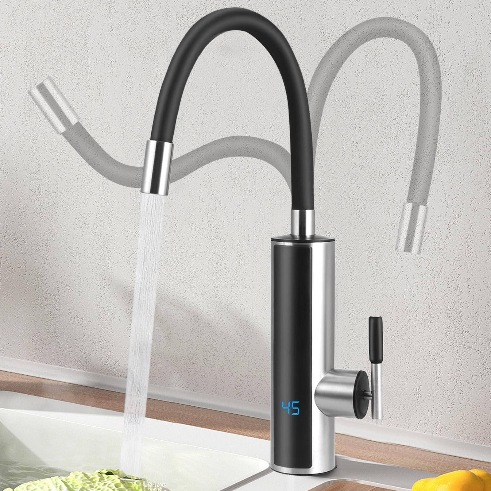 Elektrisch Wasserhahn mit Durchlauferhitzer 230V | LED Temperaturanzeige | 360º Misch Drehung Küchenarmatur | 304 Edelstahl Armatur, für Küche, Bad, Wohnwagen, Camping