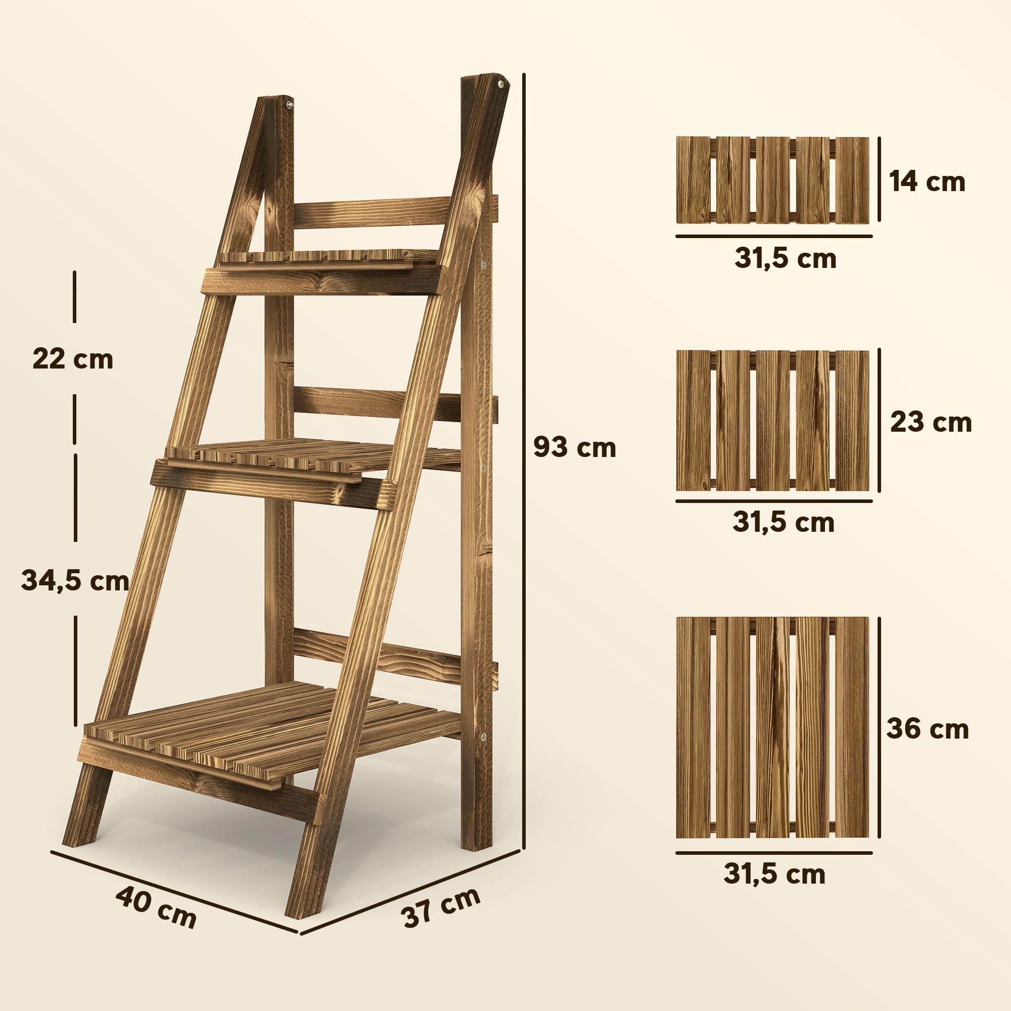 Outsunny Soporte para Plantas de Madera de 3 Niveles, Estantería para Plantas Plegable con Base de Listones, Soporte para Macetas para Interior y Exterior, Terraza, Jardín, 40x37x93 cm, Carbonizado
