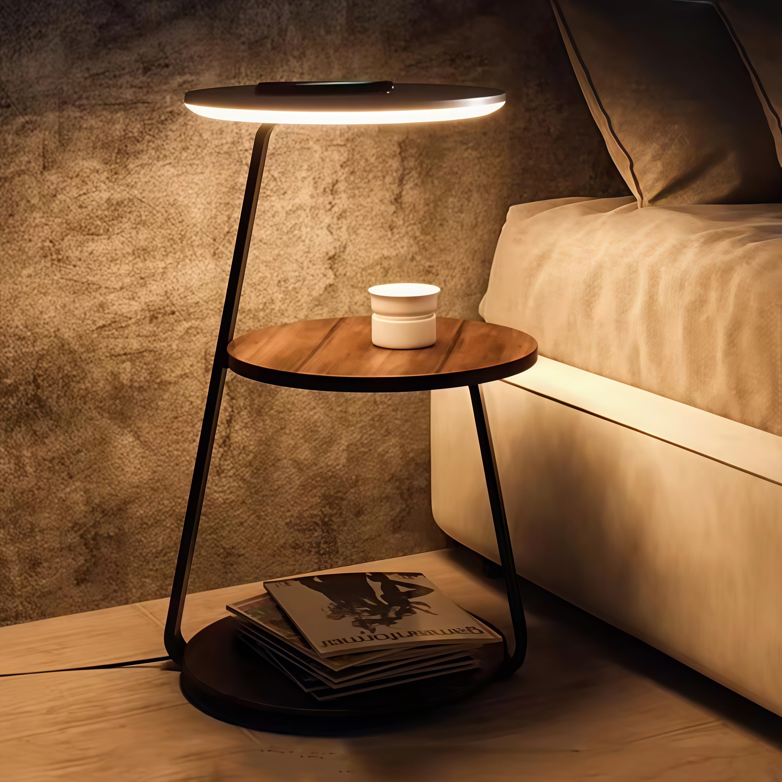 Mesita de Noche con Estación de Carga y Luz LED Variable, Mesa Auxiliar Alta de Madera con Cargador Inalámbrico y 2 Estantes, Ideal para Dormitorio o Salón, 35x61 cm (Zenith)