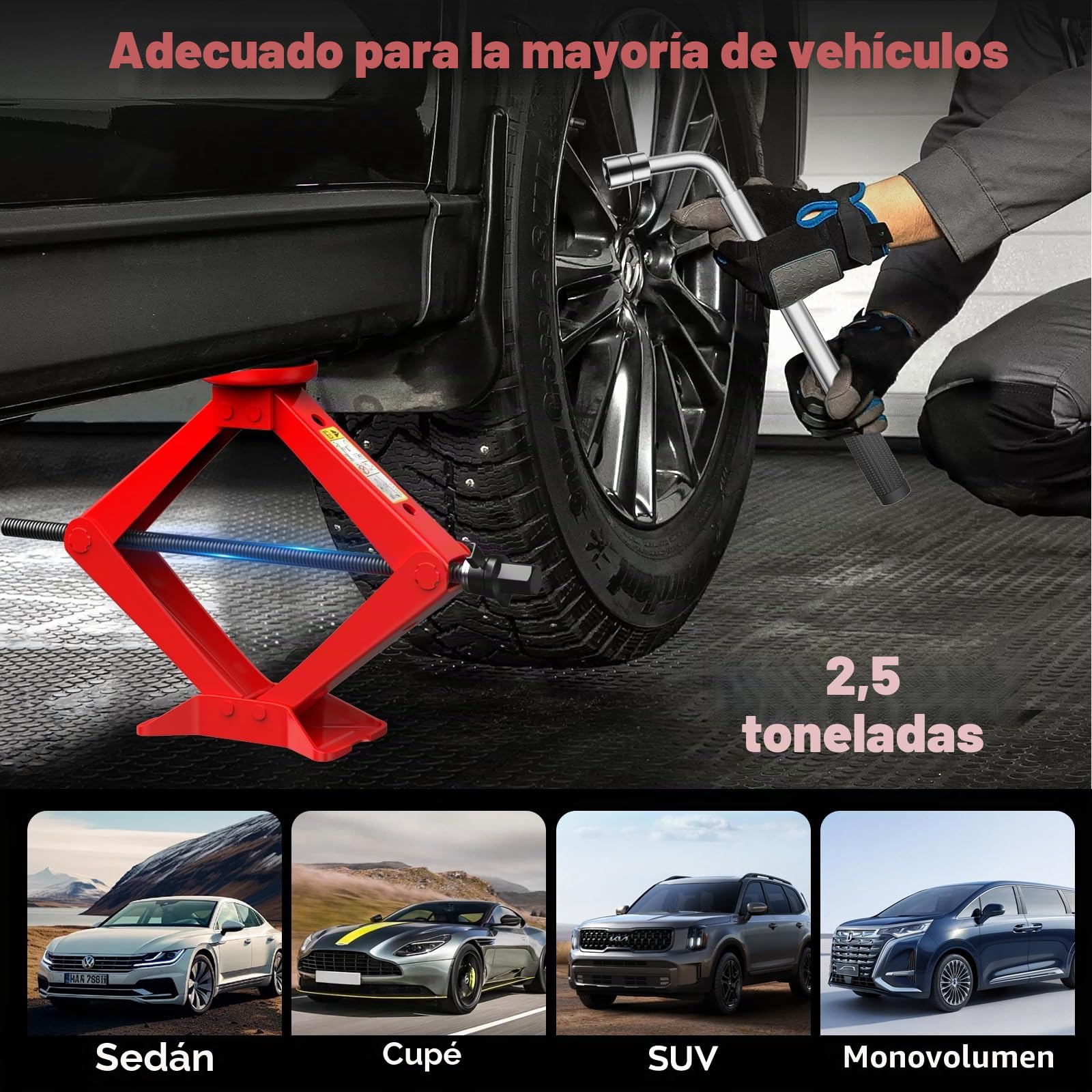 Kit IMAYCC de gato de coche 2.5 toneladas, gato de tijera universal, almohadilla de goma, herramienta portátil de cambio de neumáticos con llave de lengüeta