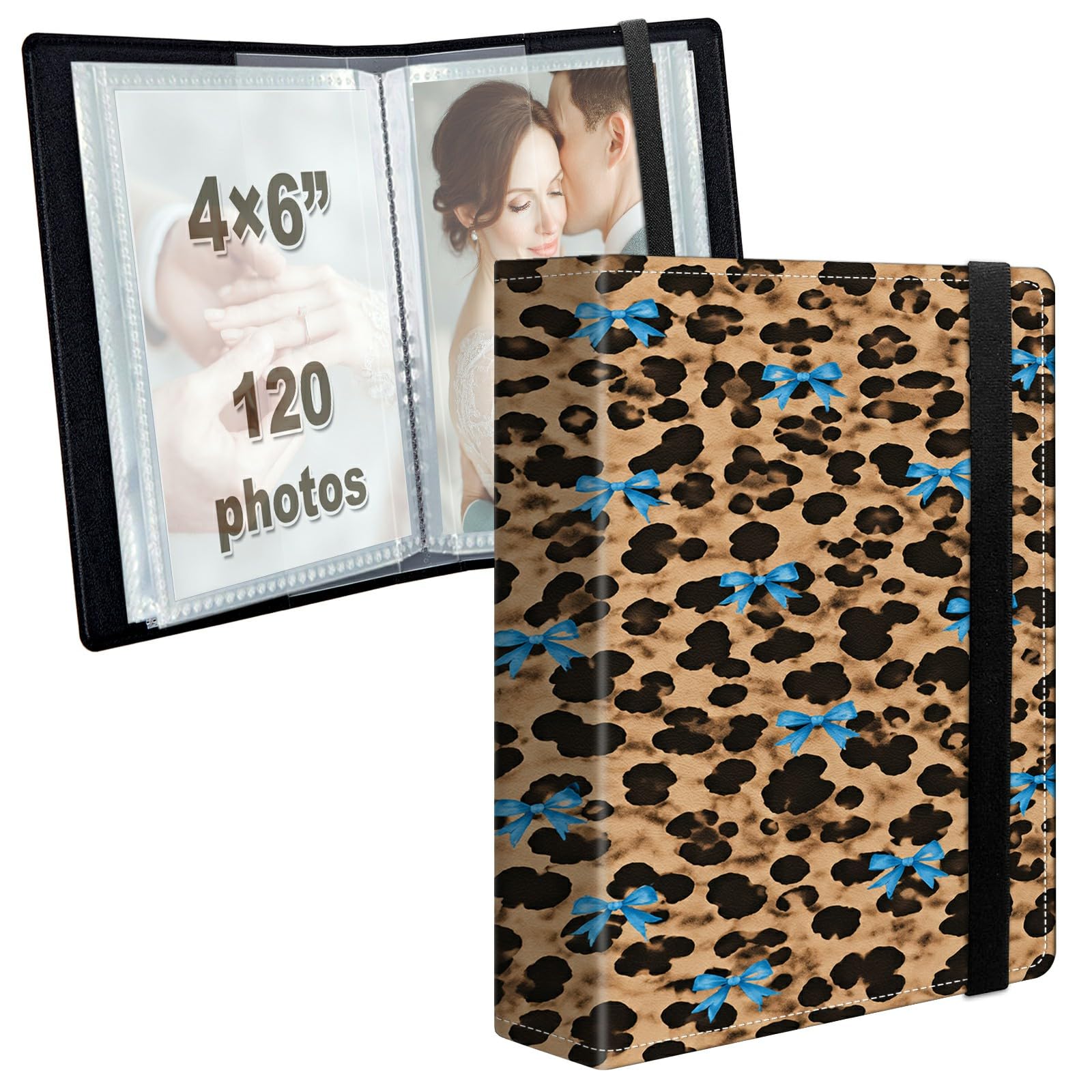 Photo Album 4x6 120 Photos with Strong Elastic Band, Blue Bow Leopard