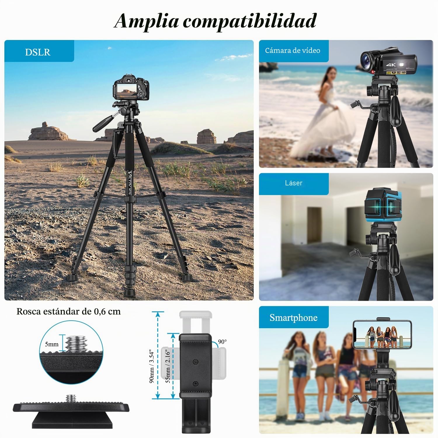 Victiv 185cm Tripode para Movil Alto, Tripode Camara para Nikon Canon Sony de Viaje, Aluminio Premium Trípode Cámara DSLR Reflex con Soporte para Telefono y 2 Placas de Liberación Rápida