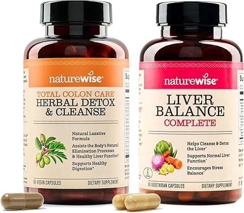 NatureWise [1] Total Colon Care Herbal Cleanse - Sin OGM - 60 cápsulas [suministro para 60 días] + [1] equilibrio hepático - Cardo mariano, diente