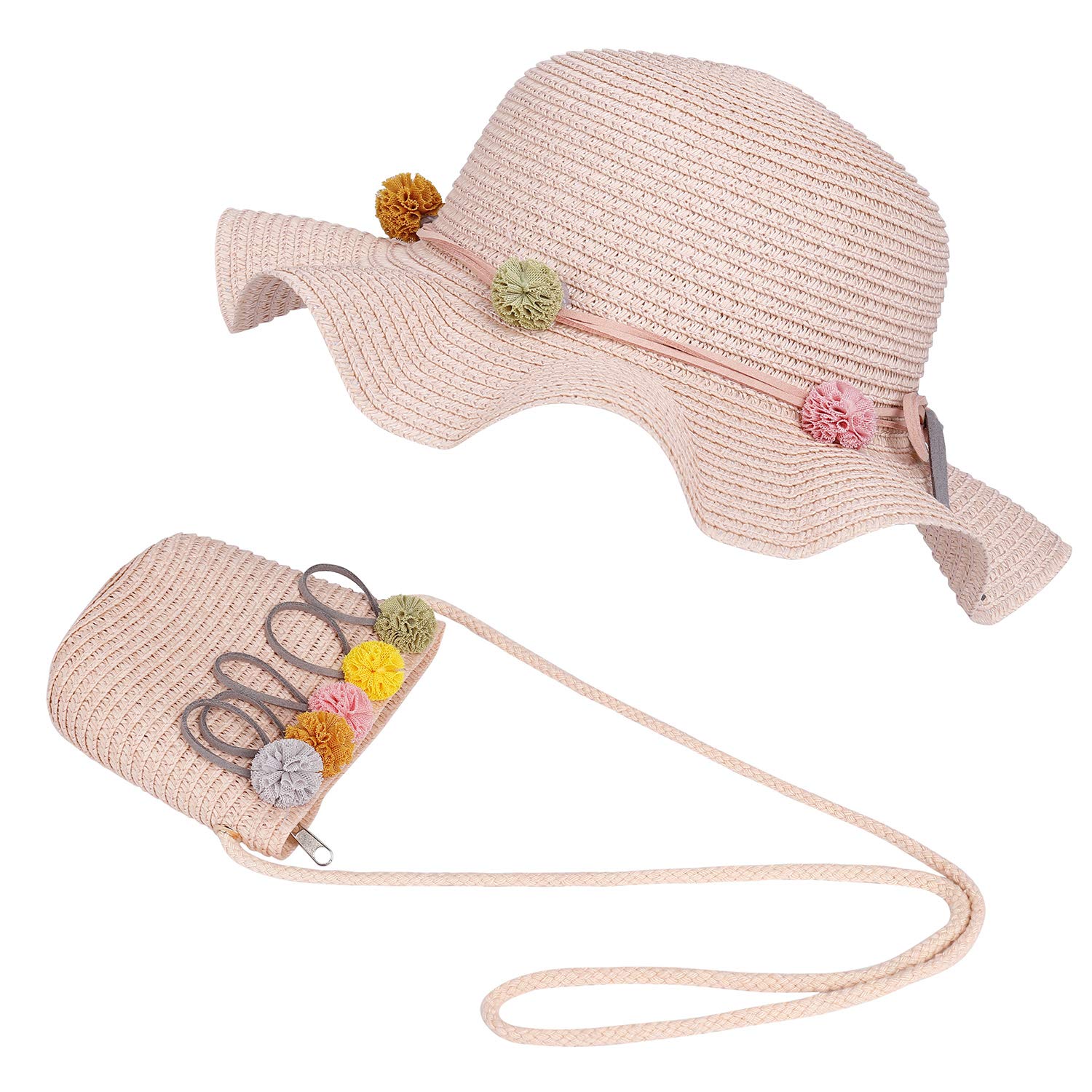 ISIYINER Sombrero de Paja Niñas Gorra de Sol Chica y Bolsillo Set con Decoracion de Flores Gorro de Playa para Viaje Beach Piscina al Aire Libre
