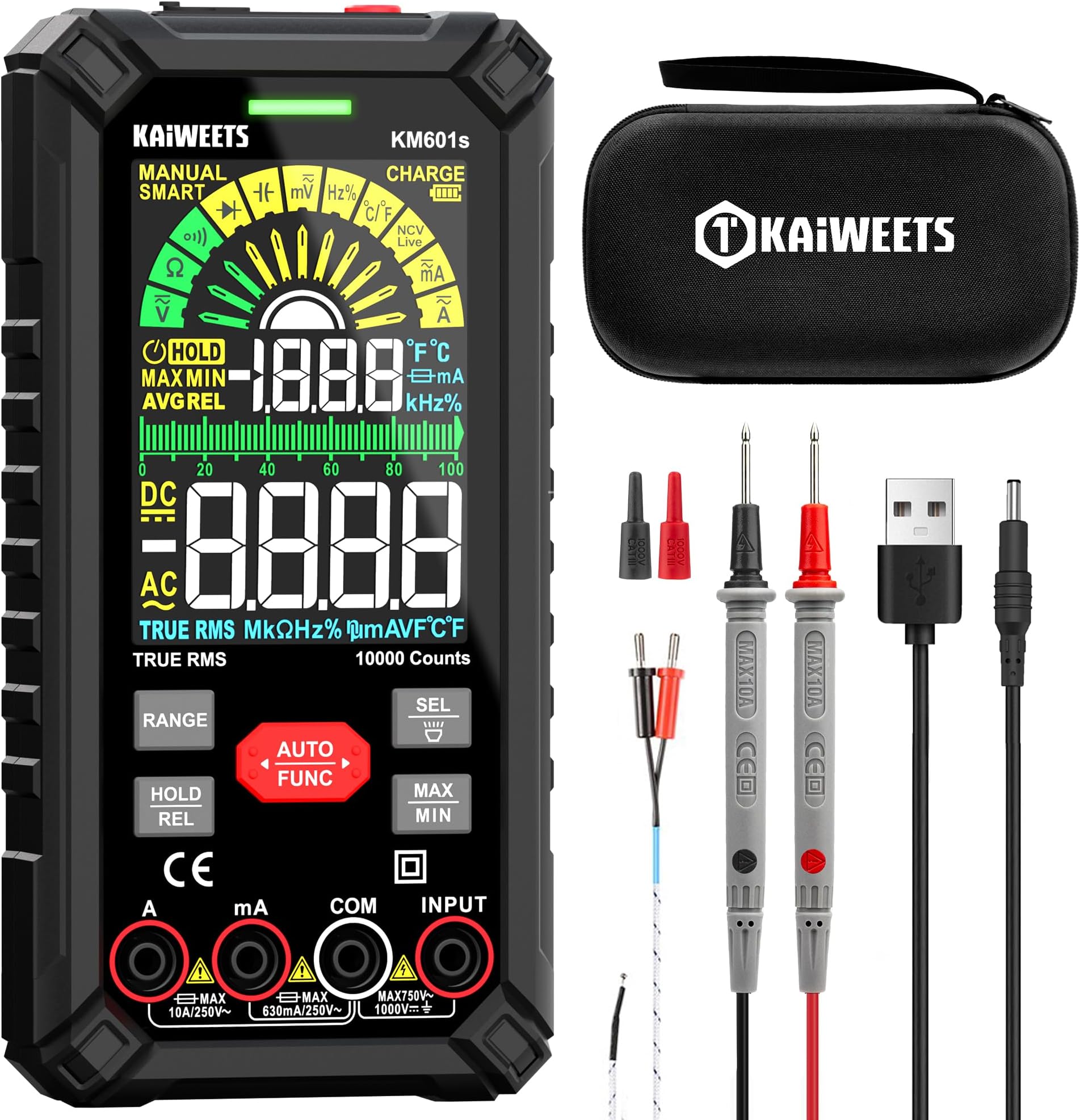 - KAIWEETS Multimeter Tester 10000 Counts TRMS, Rechargeable Smart Digital Multimeter with Auto Ranging, Voltmeter Measures Voltage Current Resistance Continuity Duty-Cycle Capacitance Frequency