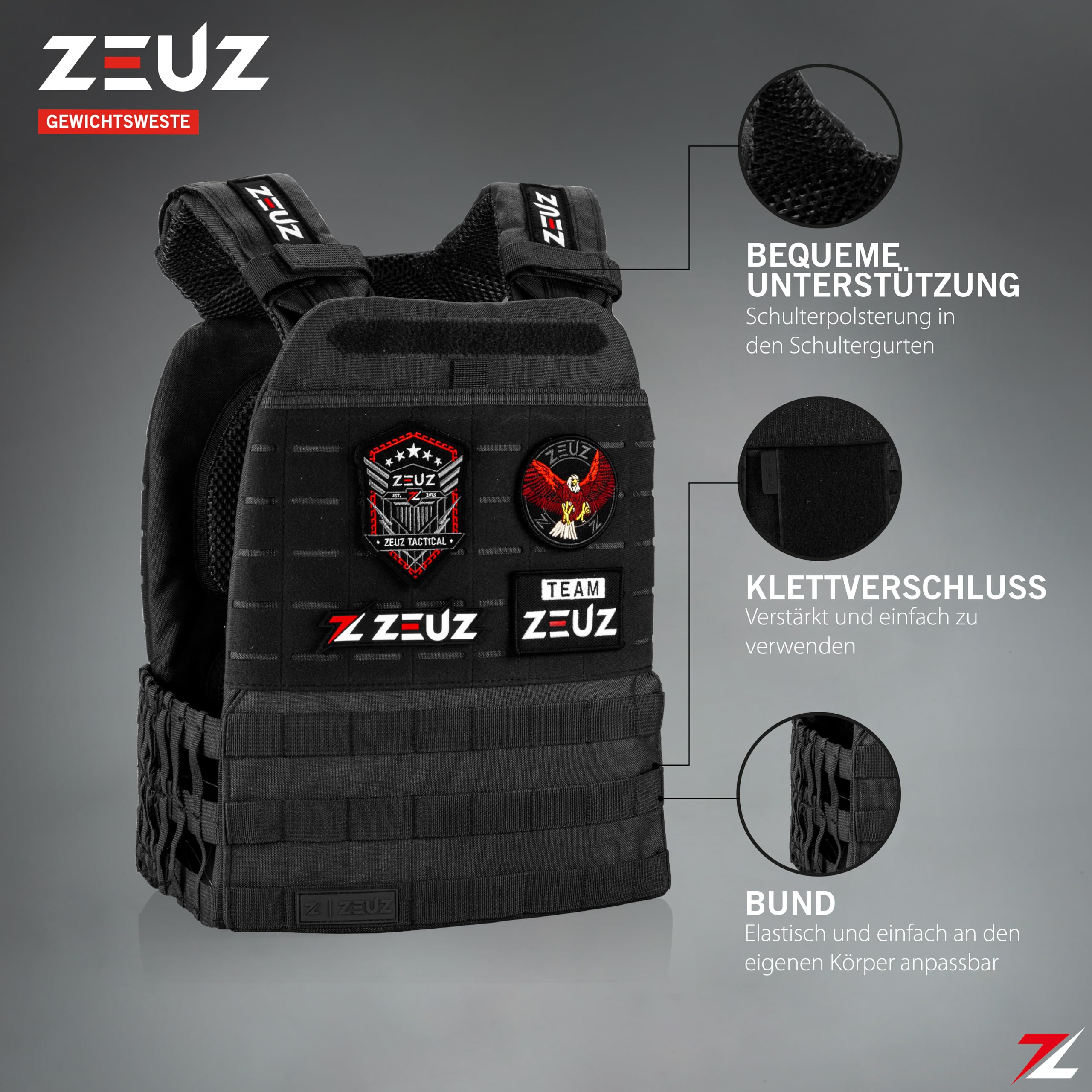 ZEUZ Verstellbare Gewichtsweste 16,5 KG für Fitness, Calesthenics & CrossFit - Weights Plattenträger, Taktische Weste, Plate Carrier & Tactical Gewicht Vest - Enthält 4 Patches - 19 Gewichte