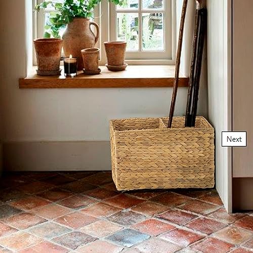 Miniatura 7 de PEMAR Juego de 2 cestas de almacenamiento de mimbre rodante, jacinto de agua natural y pastos marinos sobre ruedas con divisor extraíble y asas de