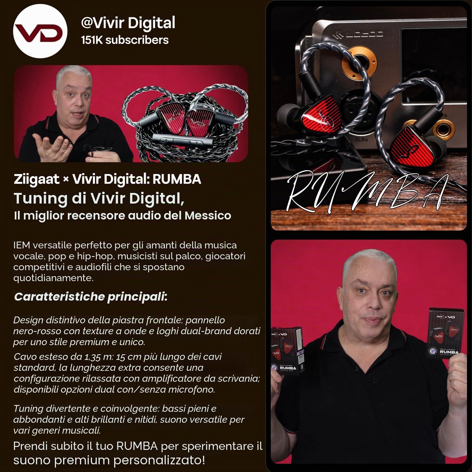 Linsoul ZiiGaat x Vivir Digital RUMBA – IEM Driver Grafene 10mm, Auricolari HiFi con Sub Bassi, Cavo 2 Pin Rimovibile per Audiofili, Gaming e Musica (3,5 mm Senza Mic)