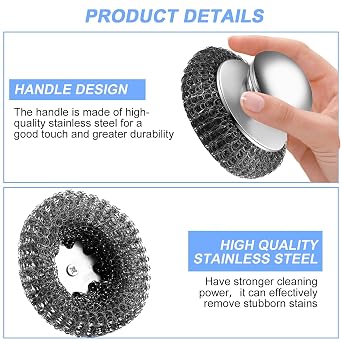 2Pcs Stainless Steel Wool Scrubber with Handle, 4 Replacement Steel Scrubber Wool Pads,Stainless Steel Scrubber for Cleaning Cast Iron, Dishes, Kitchen Pots, Pans, Grills, Stoves, Sink