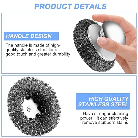 2Pcs Stainless Steel Wool Scrubber with Handle, 4 Replacement Steel Scrubber Wool Pads,Stainless Steel Scrubber for Cleaning Cast Iron, Dishes, Kitchen Pots, Pans, Grills, Stoves, Sink