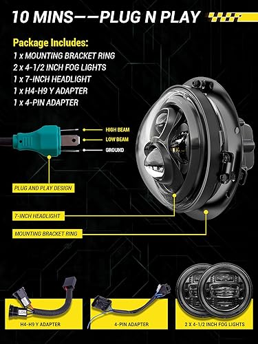 Miniatura 7 de Faro delantero LED de 7 pulgadas para motocicleta, kit de luz antiniebla de 4.5 pulgadas con anillo, para motos de turismo Street Glide Road King
