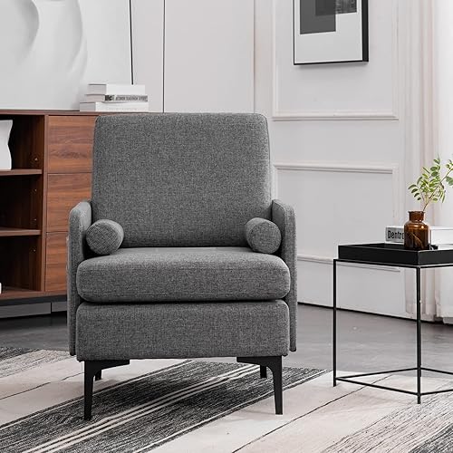 VINGLI Silla decorativa moderna de lino gris de 25 pulgadas de ancho, silla de lectura tapizada, cómoda silla de asiento lateral, sillón para sala