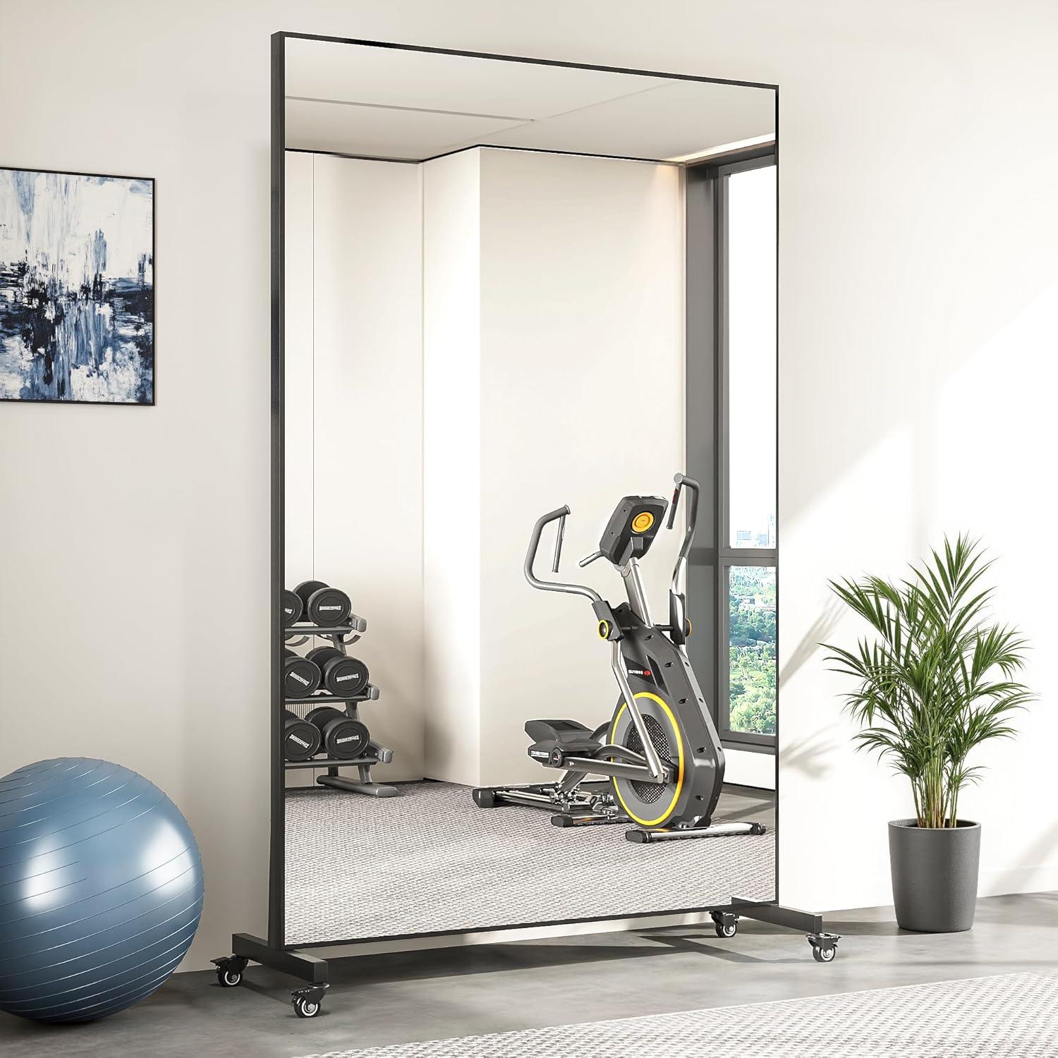 Suidia 72"x40" Full Length Mirror with Wheels, Shatterproof Full Body Mirrors, Mobile Floor Standing Mirror for Home Gym, Yoga, Dance Studio, Living Room, Rectangular, Black