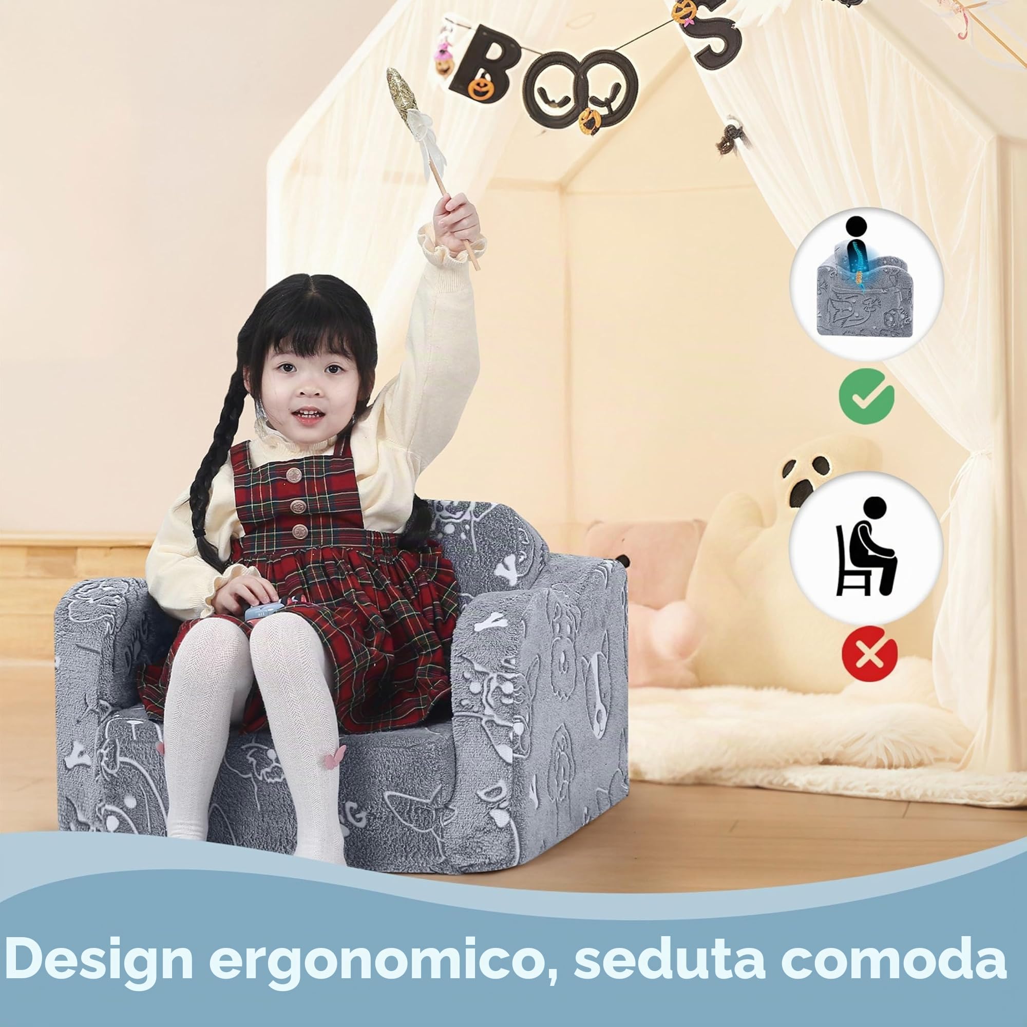 MeMoreCool Divano per bambini pieghevole, 2 in 1 per bambini, con funzione di sonno, mini divano per camera dei bambini, divano da gioco per ragazze e ragazzi, grigio