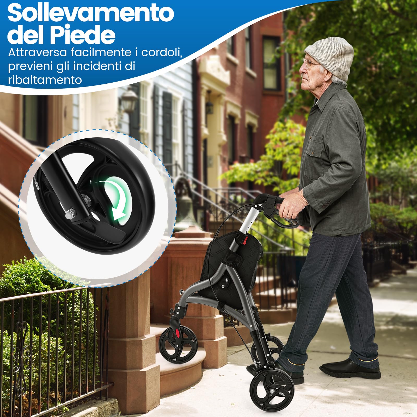 COSTWAY Deambulatore per Anziani in Alluminio Ultraleggero a 3 Ruote, Rollator per Anziani Pieghevole e Regolabile in 6 Livelli 86-96 cm con Borsa e Ruote Bloccabili, Portata 136 kg (Grigio)