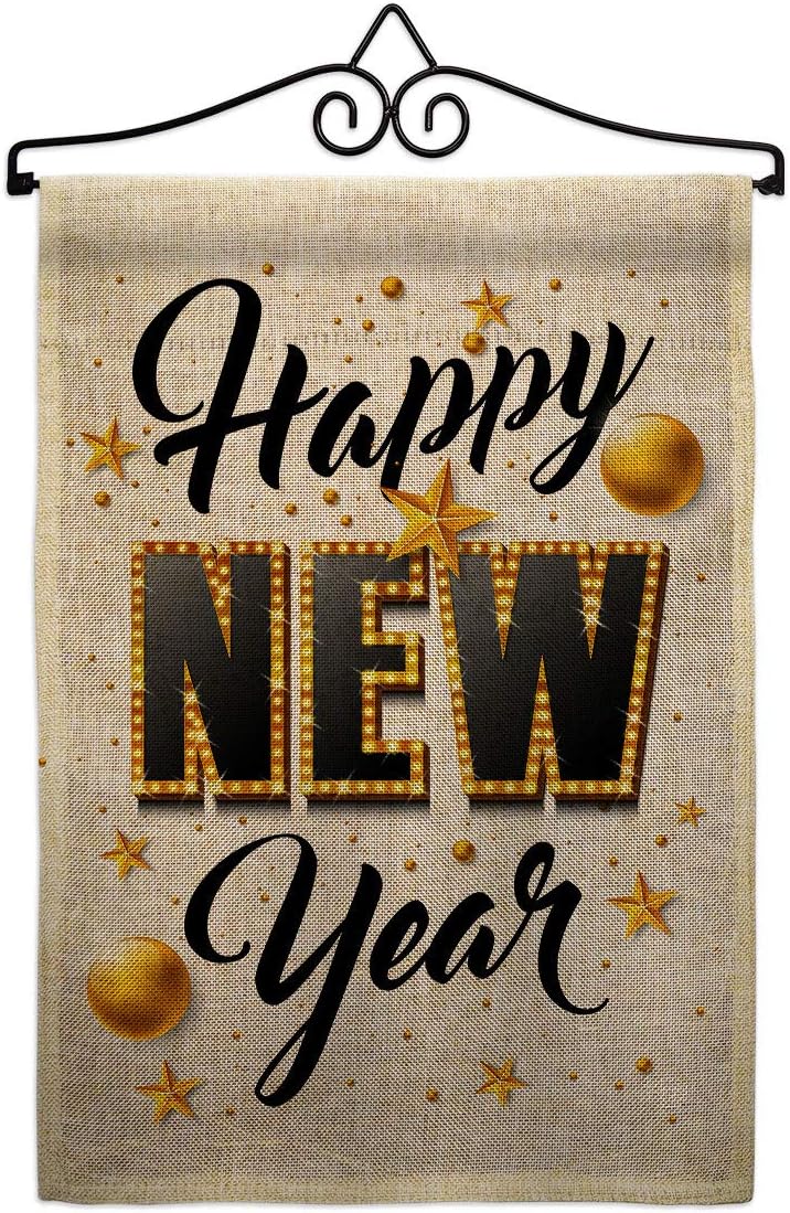 Happy New Year Burlap Burlap Garden Flag Set Wall Hanger Clock Countdown Champagne Party Fireworks Celebrate Small Decorative Gift Yard House Banner Double-Sided Made In USA 13 X 18.5