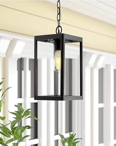 Miniatura 5 de Beionxii Lámpara colgante para exteriores, moderna linterna colgante exterior para porche, aluminio fundido negro con vidrio cilíndrico transparente